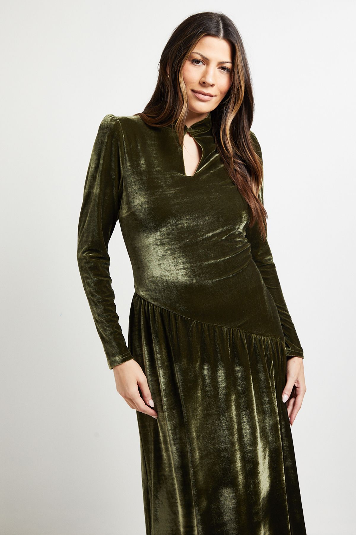 Principles High Neck Twist Keyhole Detail Velvet Midaxi Dress Olive image 2