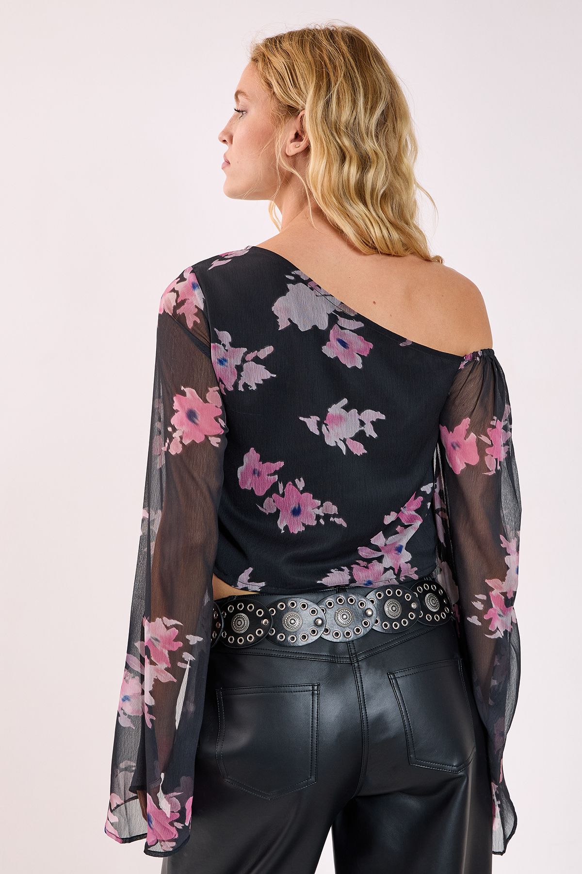 NastyGal Floral Chiffon Off The Shoulder Wide Sleeve Top Black image 4