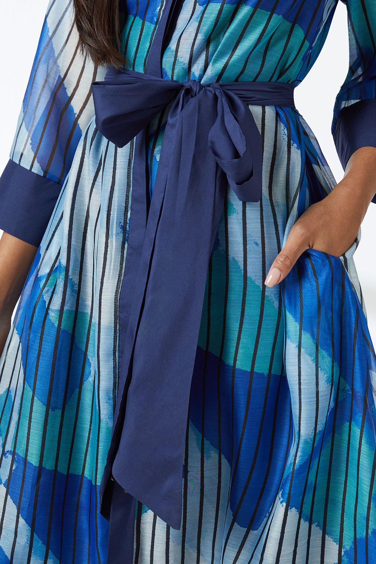 Principles Blue Belted Contrast Detail Collarless Shirt Dress Blue image 4