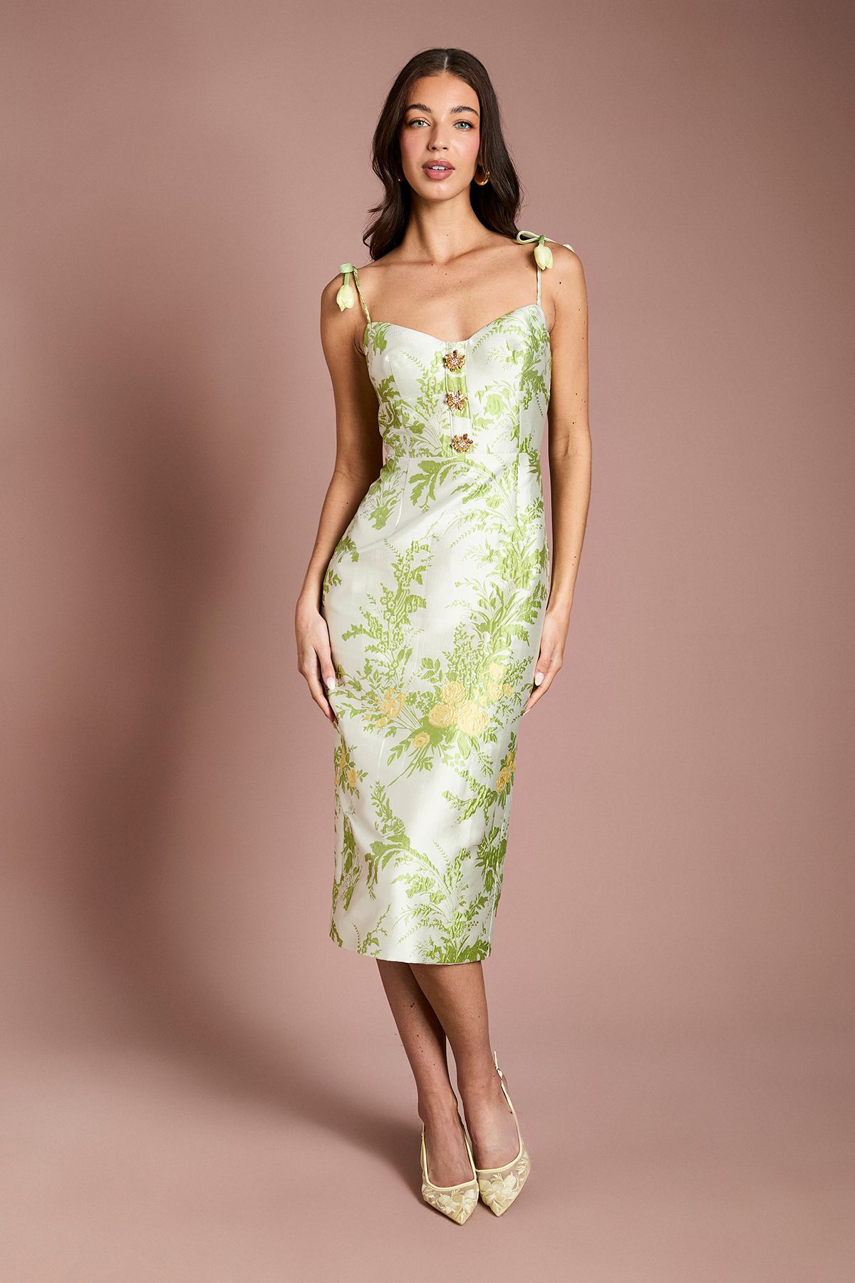 Coast Tulip Strap Jacquard Pencil Dress Neutral