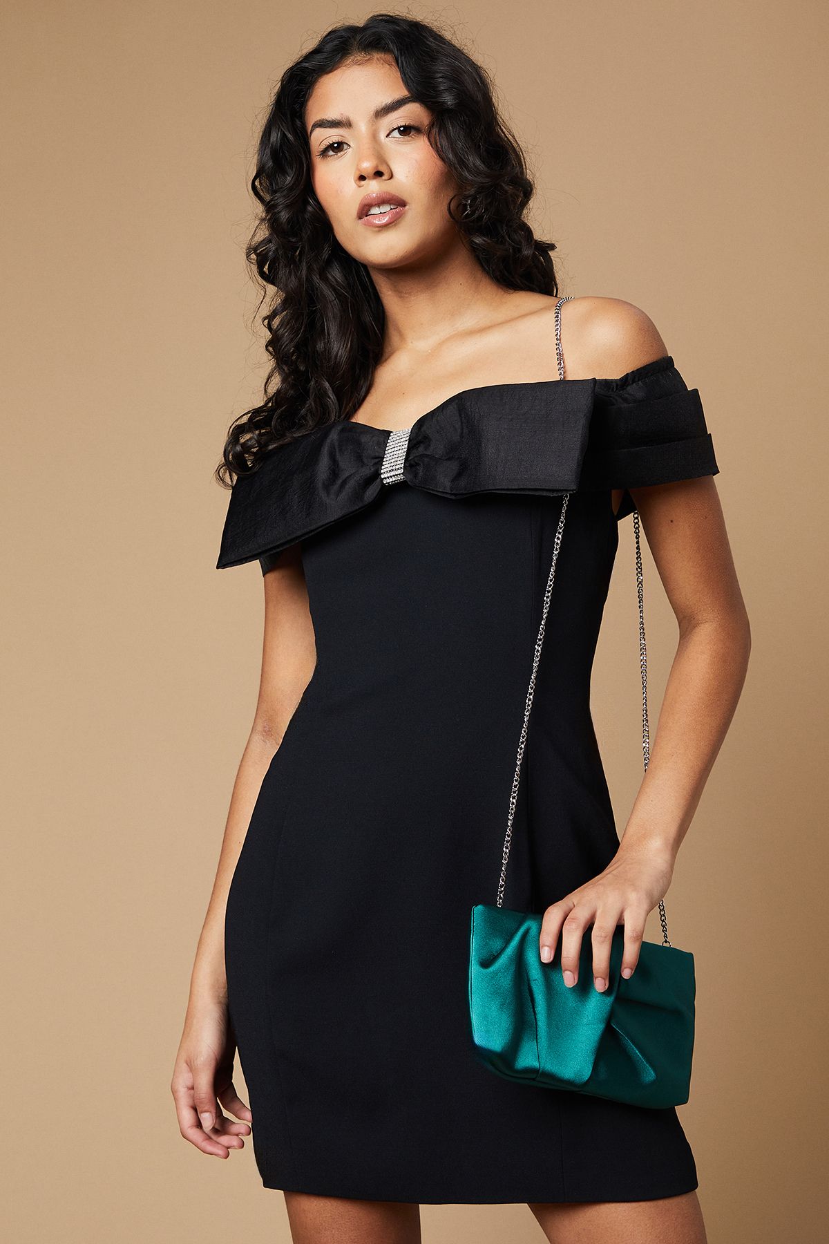 Oasis Ruched Satin clutch Bag with Removable Shoulder Strap Emerald image 1