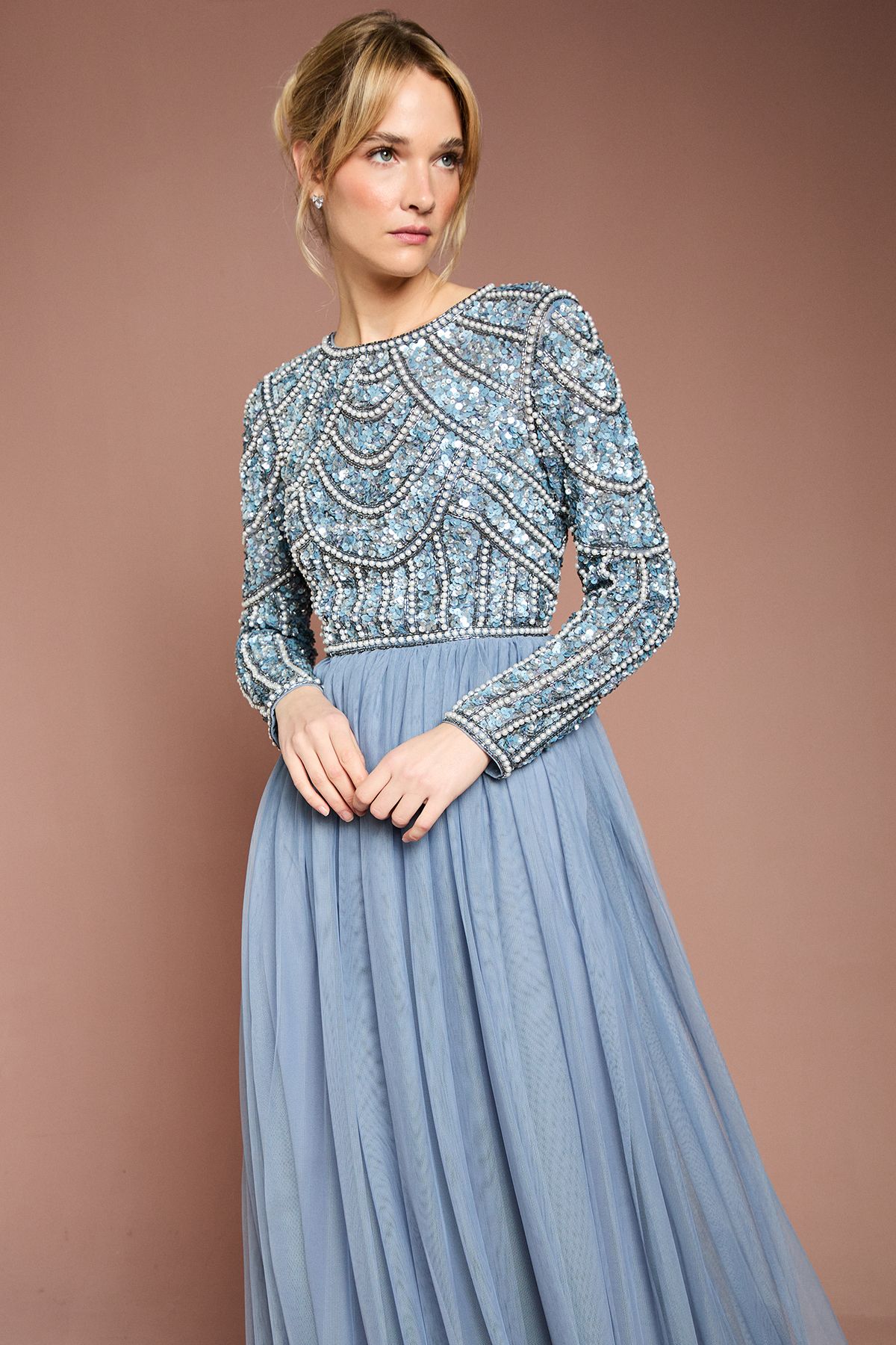 Coast Coast Honoured Long Sleeve Sequin Bodice Tulle Skirt Maxi Bridesmaid Dress Dusty Blue image 2