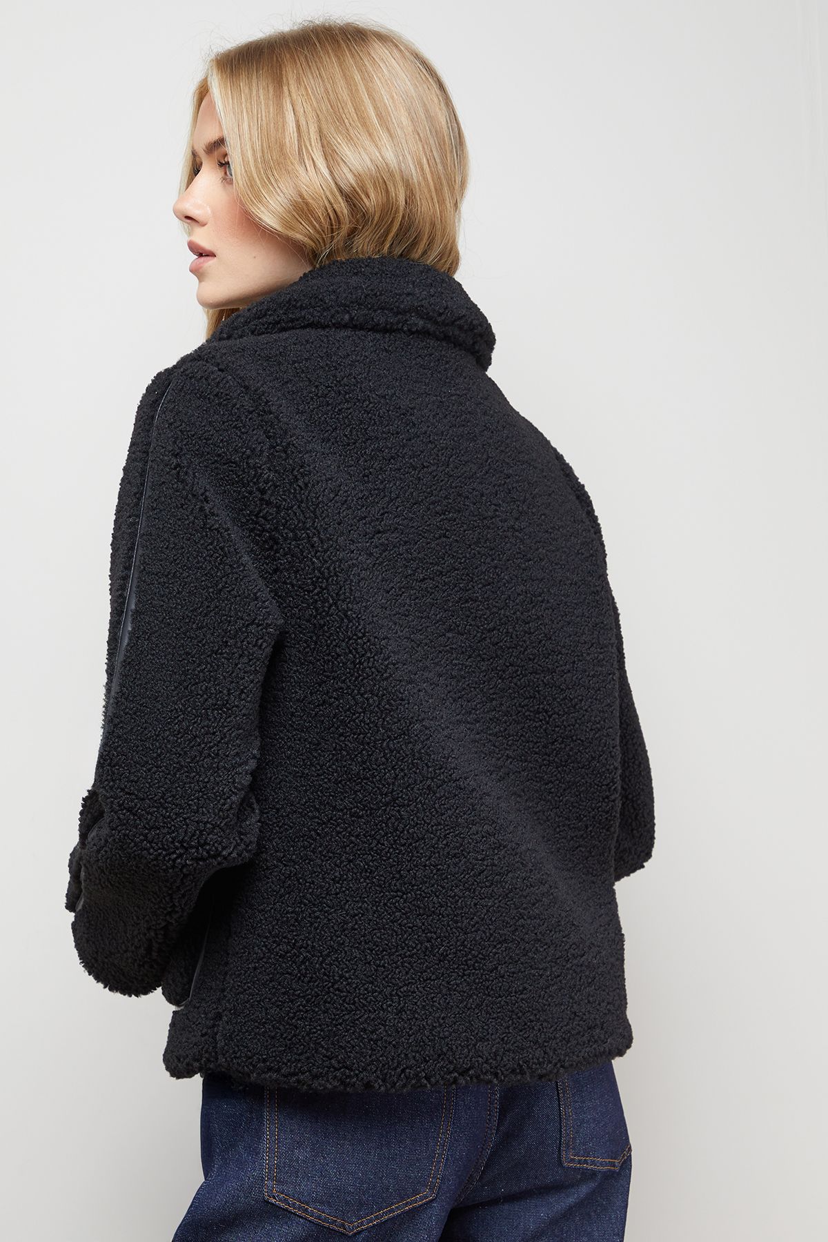 Oasis Teddy Shearling Button Through Short Jacket Black image 3