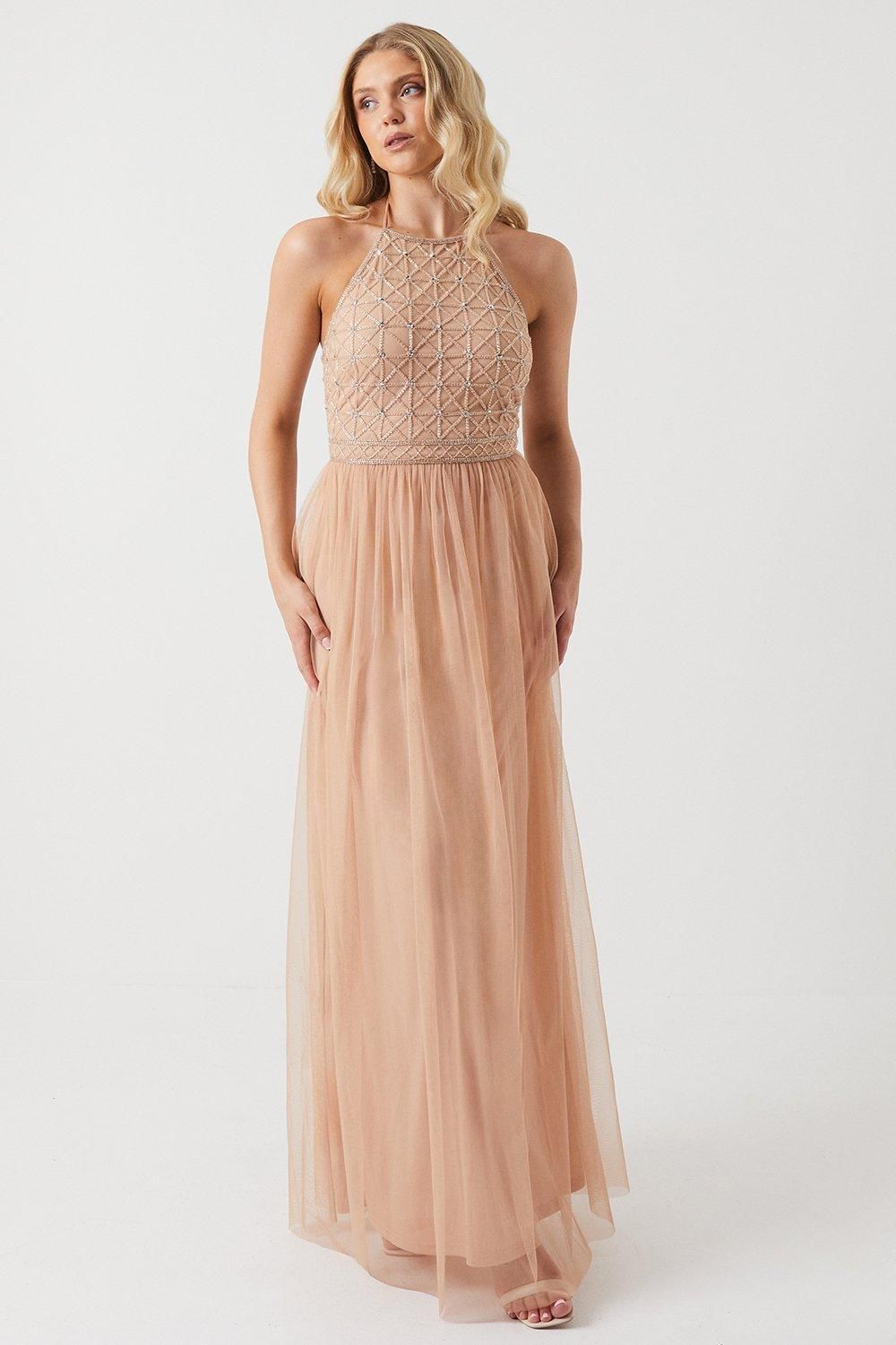 Coast Celestial Embellished Halter Neck Bridesmaid Midi Dress Nude image 1