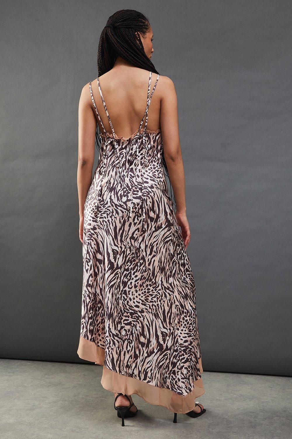 Warehouse Animal Satin Strappy Asymmetric Chiffon Insert Midi Dress Animal image 3