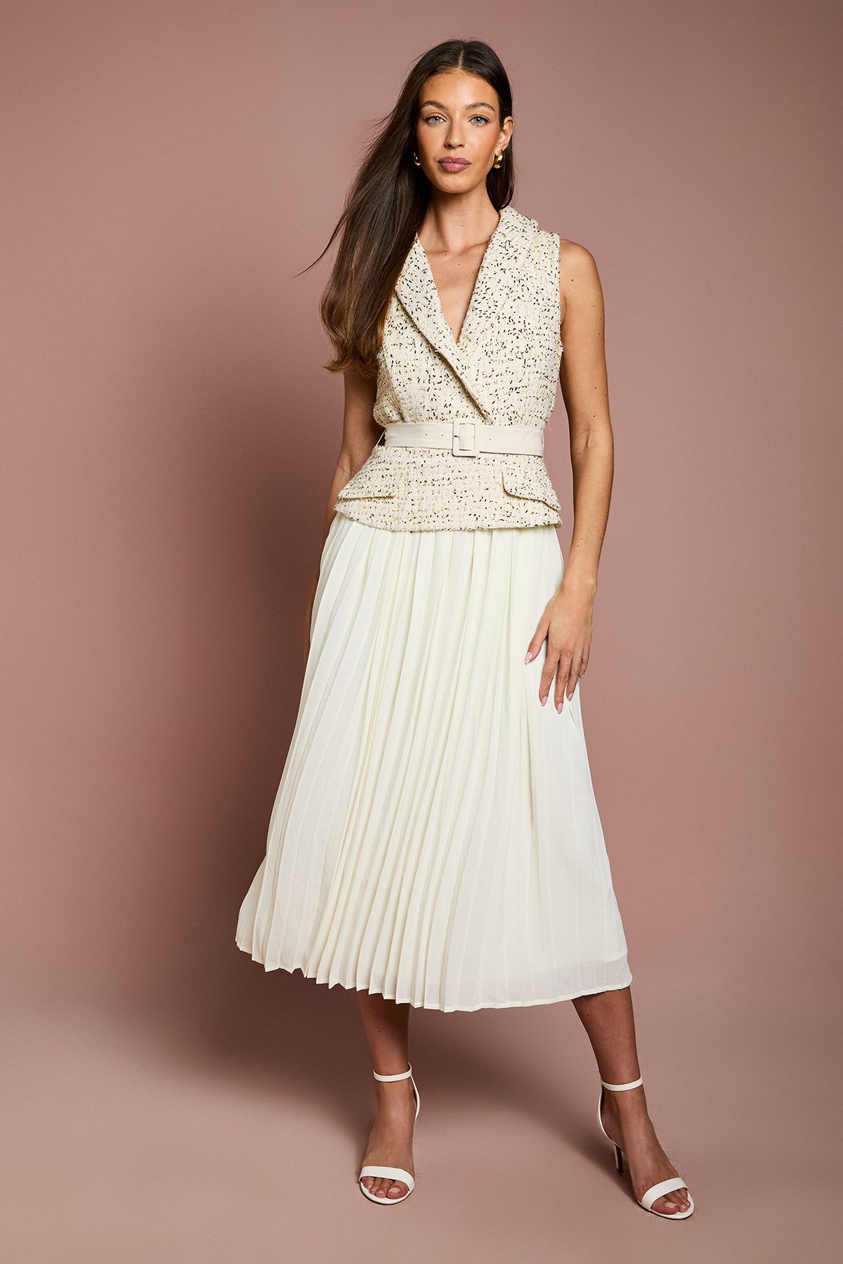 Coast Sleeveless Tweed Mix Fabric Midi Dress With Belt Ivory image 1