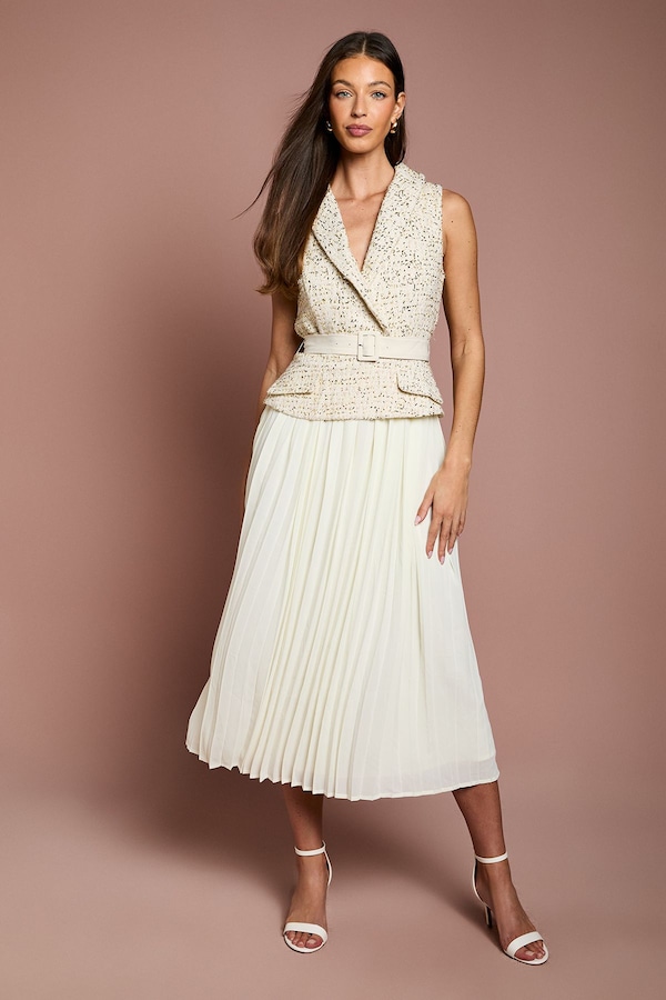 Coast Sleeveless Tweed Mix Fabric Midi Dress With Belt Ivory