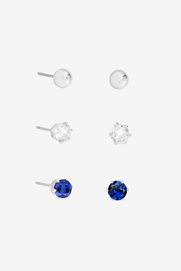 Mood Silver Polished, Crystal & Blue Stud Earrings - Pack of 3