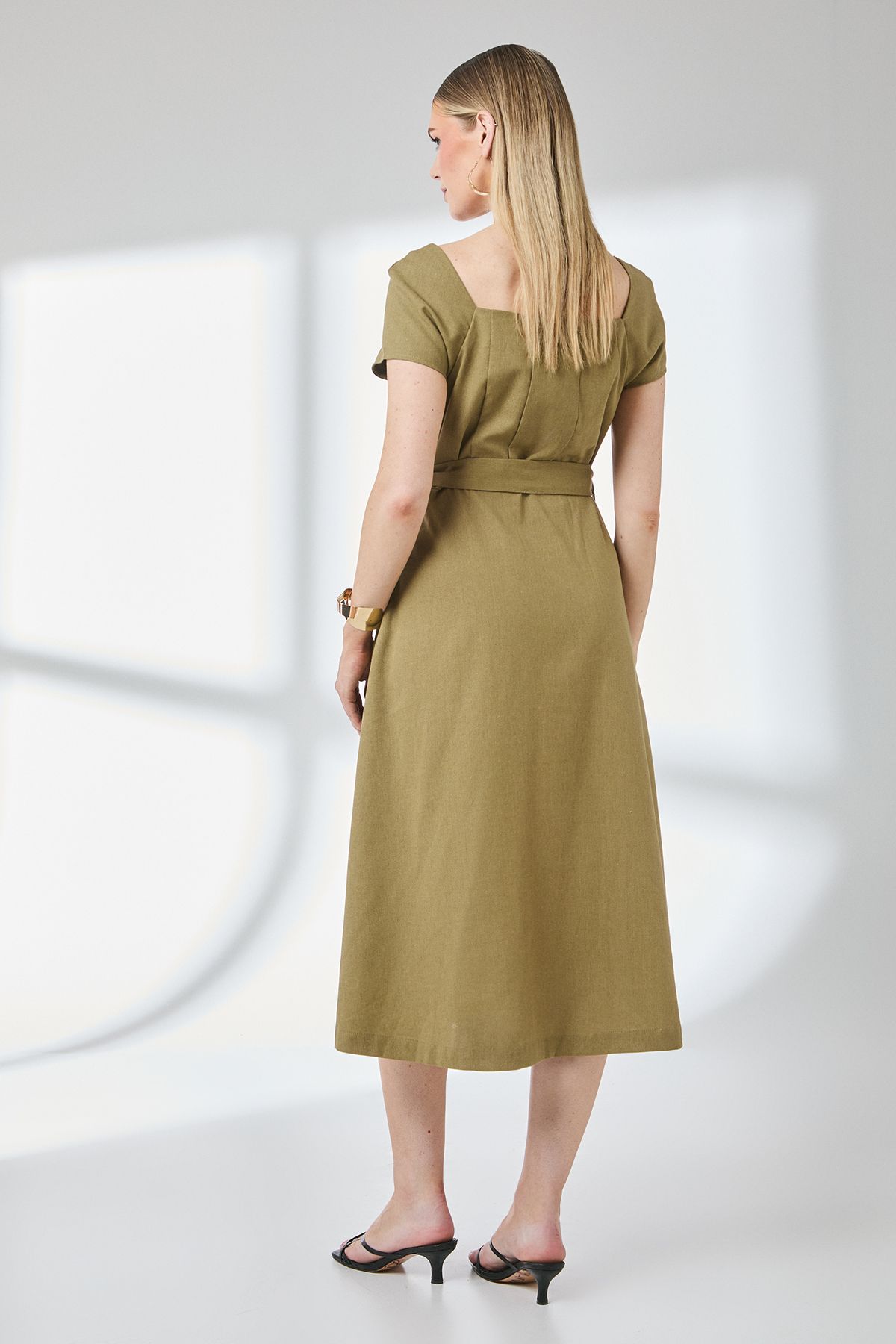 Principles Olive Square Neck Belted Linen Midi Dress Olive image 4