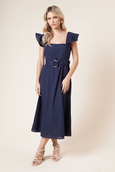 Dorothy Perkins Petite Linen Belted Sleeveless Midi Dress Navy