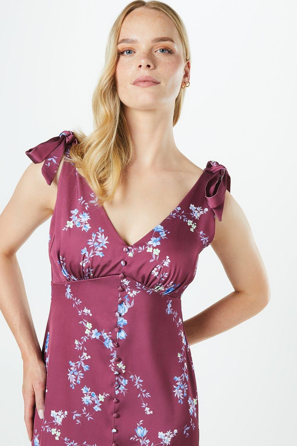 Oasis Occasion Petite Satin Button Midi Dress Wine image 2
