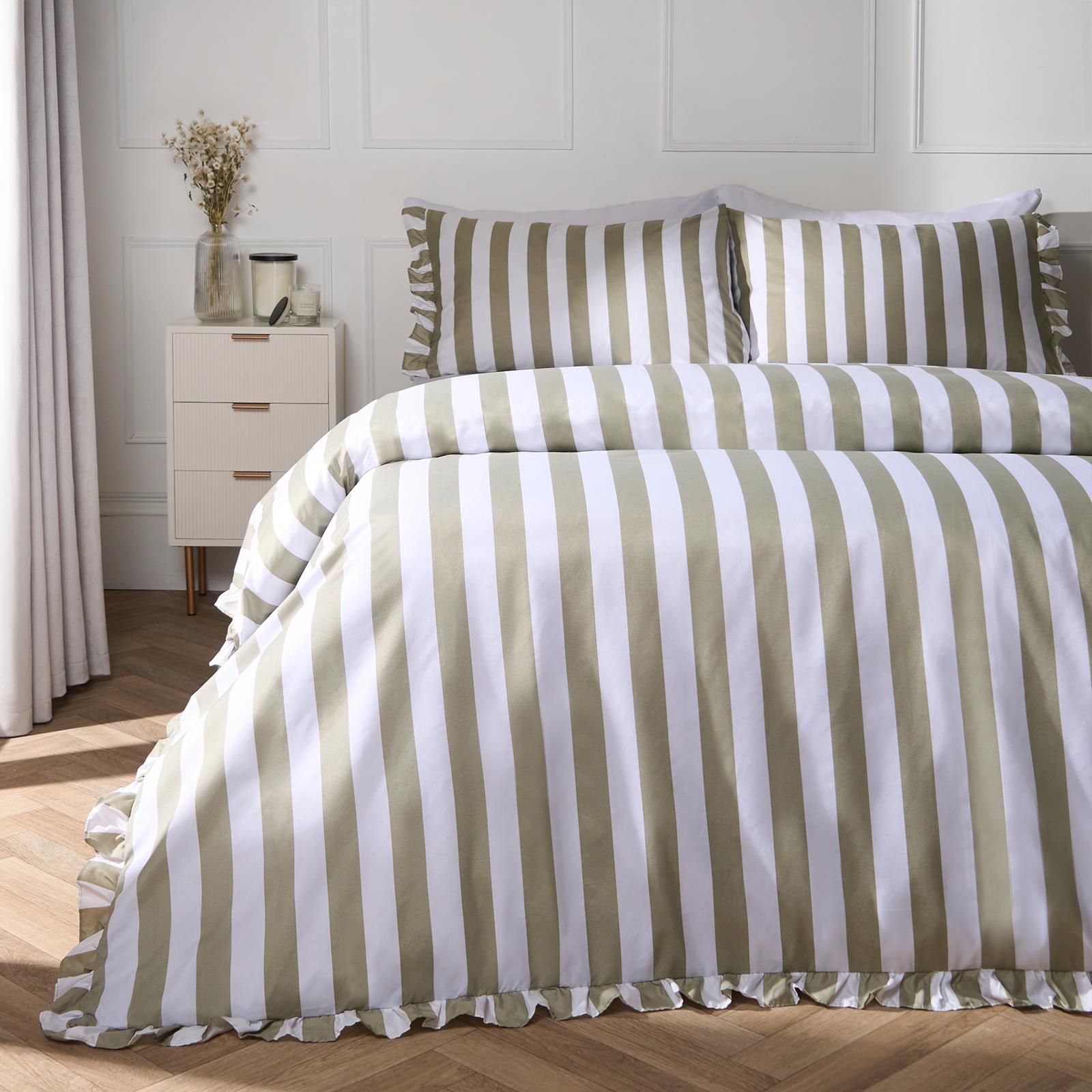 OHS Frill Duvet Cover Bedding Set Pillowcase Stripe Quilt Luxury image 2