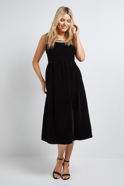 Dorothy Perkins Velvet Embellished Neckline Structured Midi Dress Black