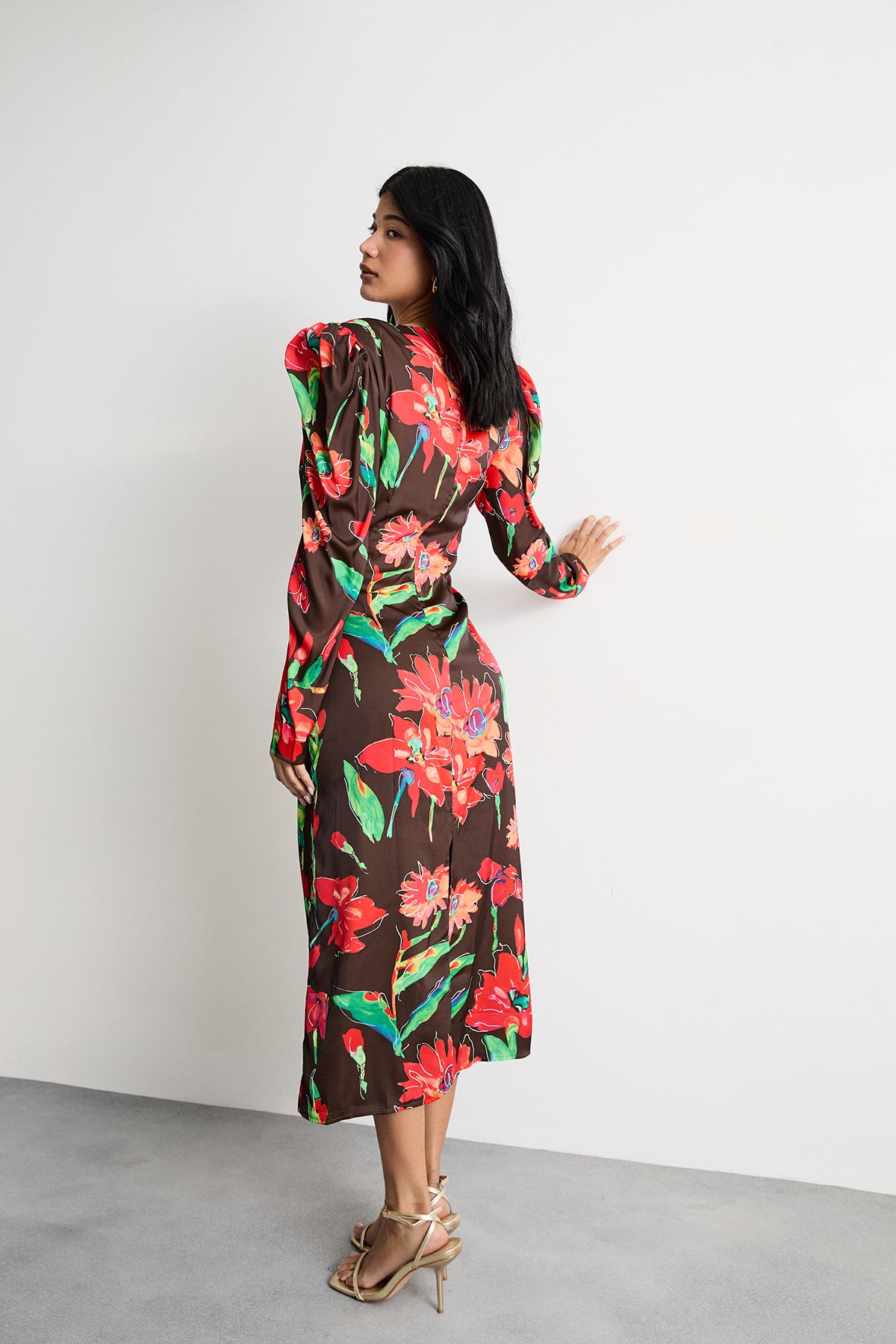 Warehouse Satin Cut Out Waist Plunge Neck Midi Dress Chocolate image 3