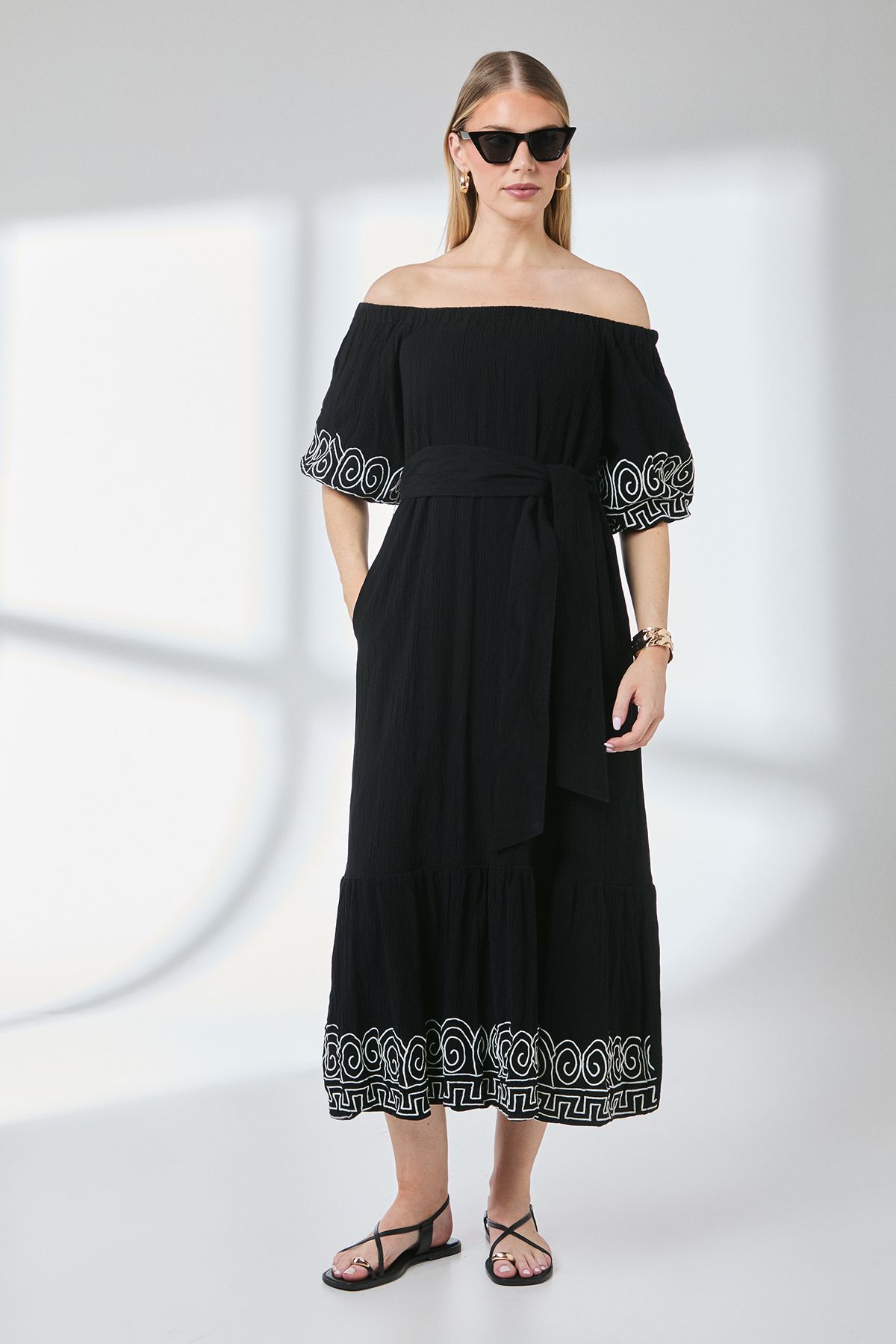 Principles Crinkle Viscose Bardot Bubble Hem Midaxi Dress Black