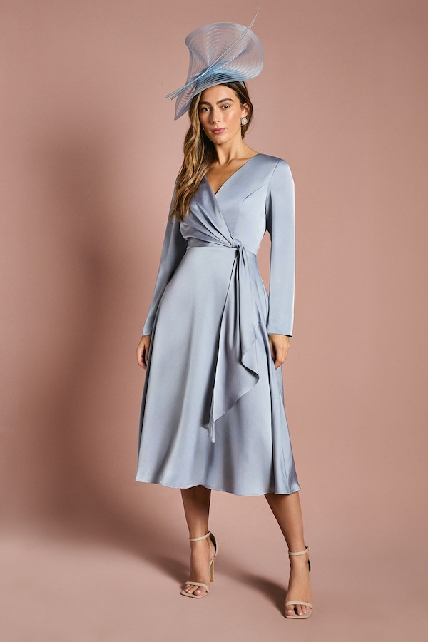 Coast Long Sleeve Waterfall Satin Midi Dress Light Blue