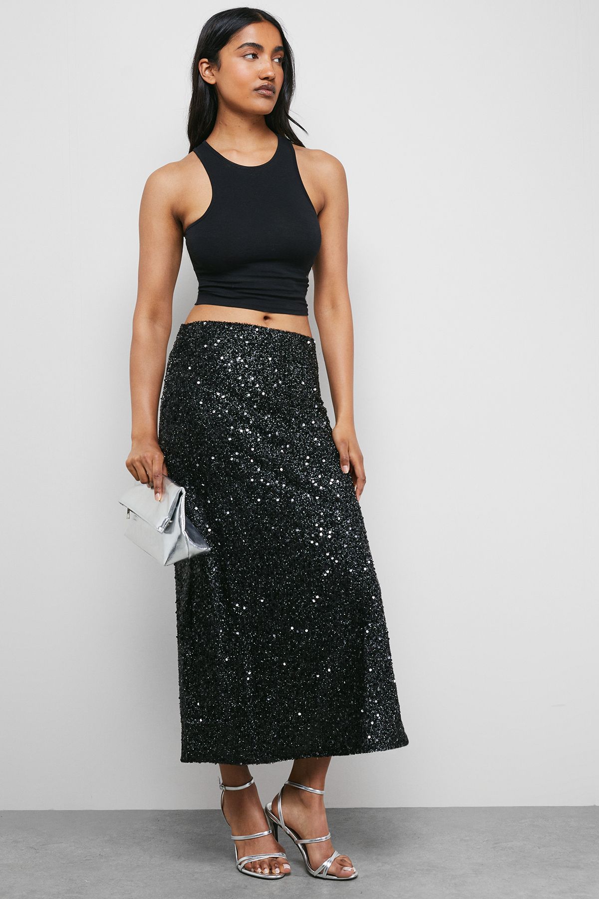 Warehouse Tinsel Sequin Midaxi Skirt Co ord Black image 2