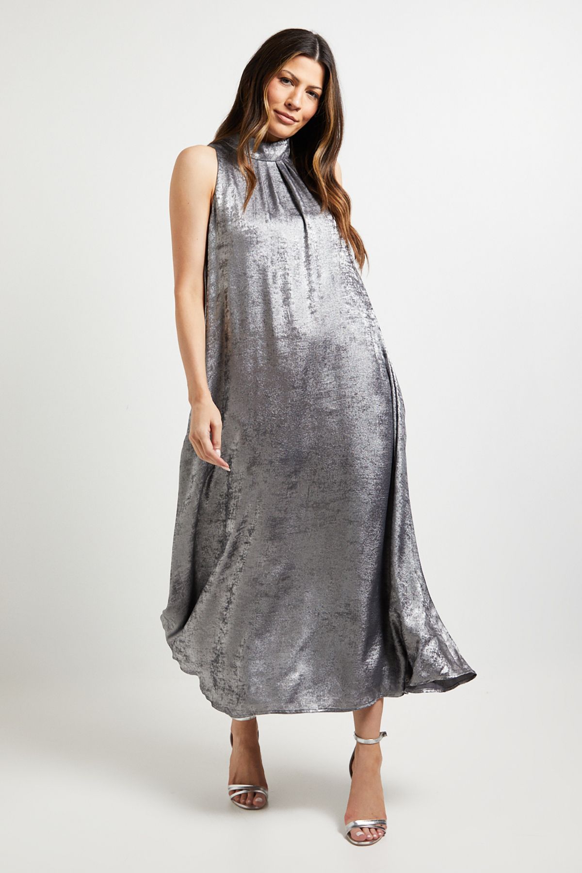 Principles Halterneck Pleated Metallic Midaxi Dress Silver image 1