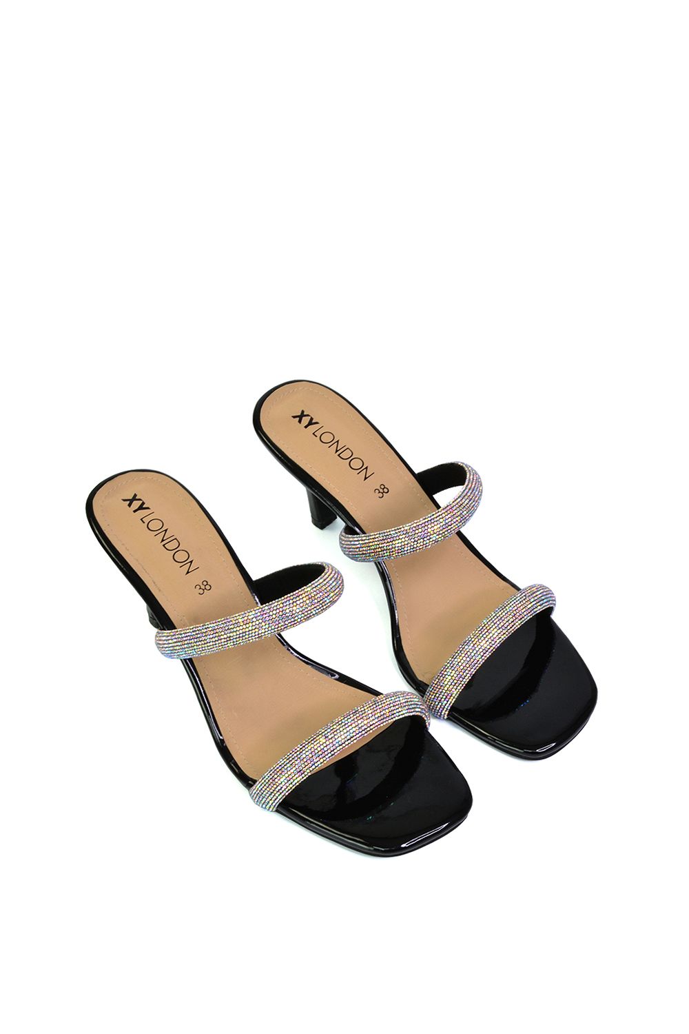 XY London 'Nancy' Square Toe Diamante Strappy Slip On Low Kitten Heel Mules image 3