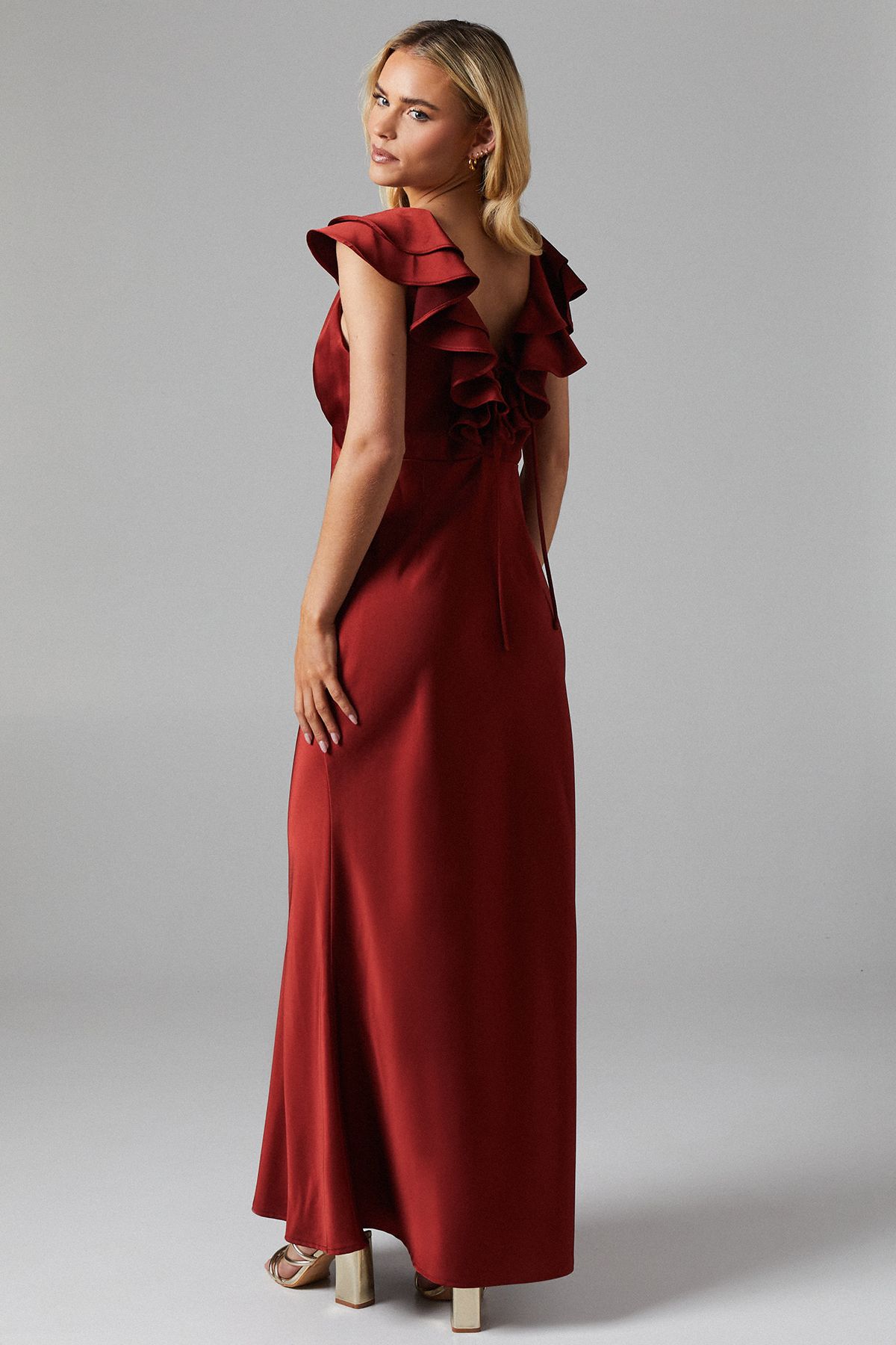 Oasis Petite Ruffle Neckline Satin Maxi Bridesmaid Dress Burnt Orange image 3