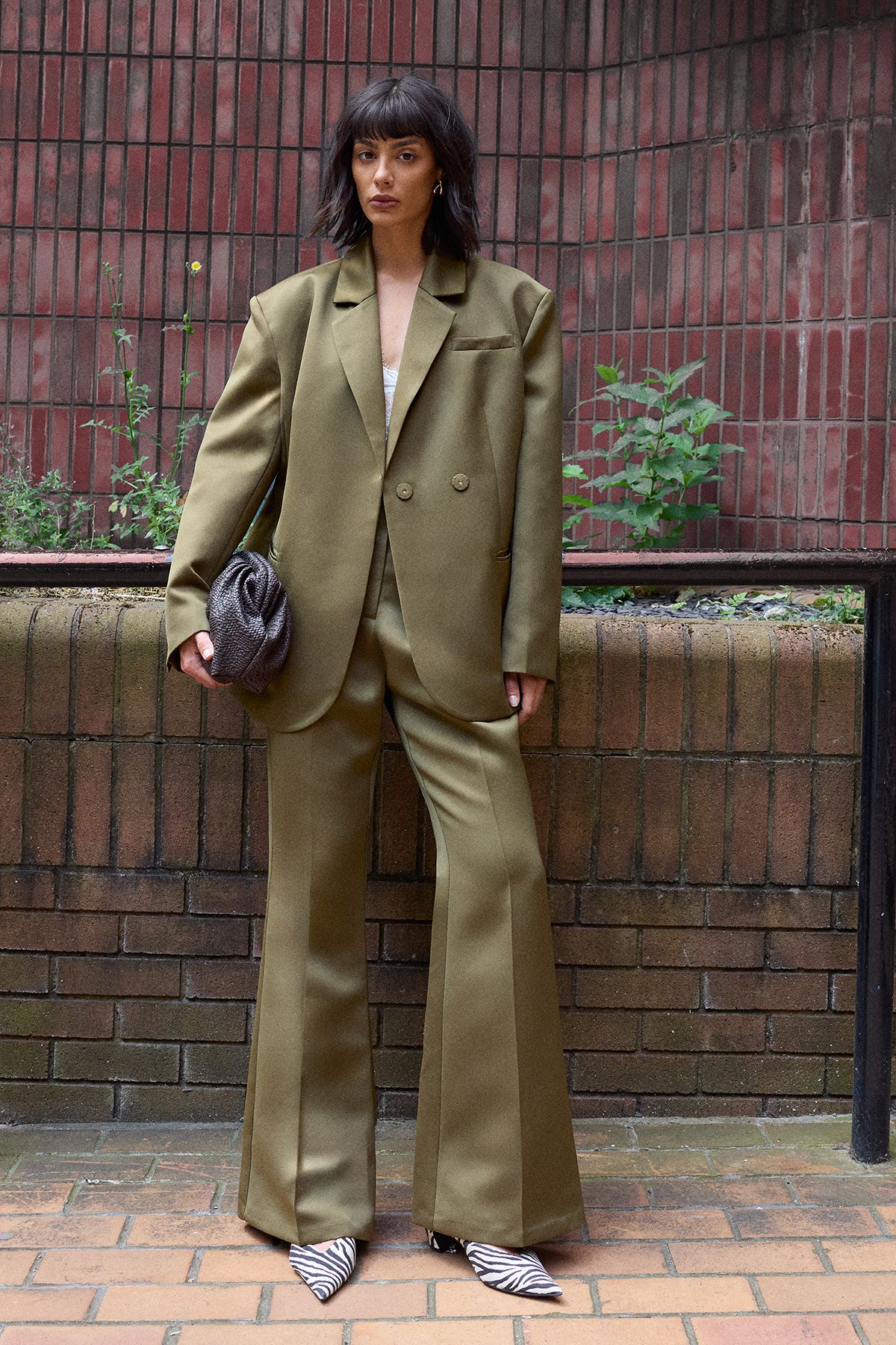 Warehouse Premium Satin Clean Waistband Flare Trousers Co-ord Olive image 1