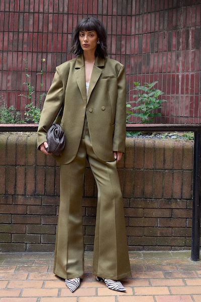 Warehouse Premium Satin Clean Waistband Flare Trousers Co-ord Olive