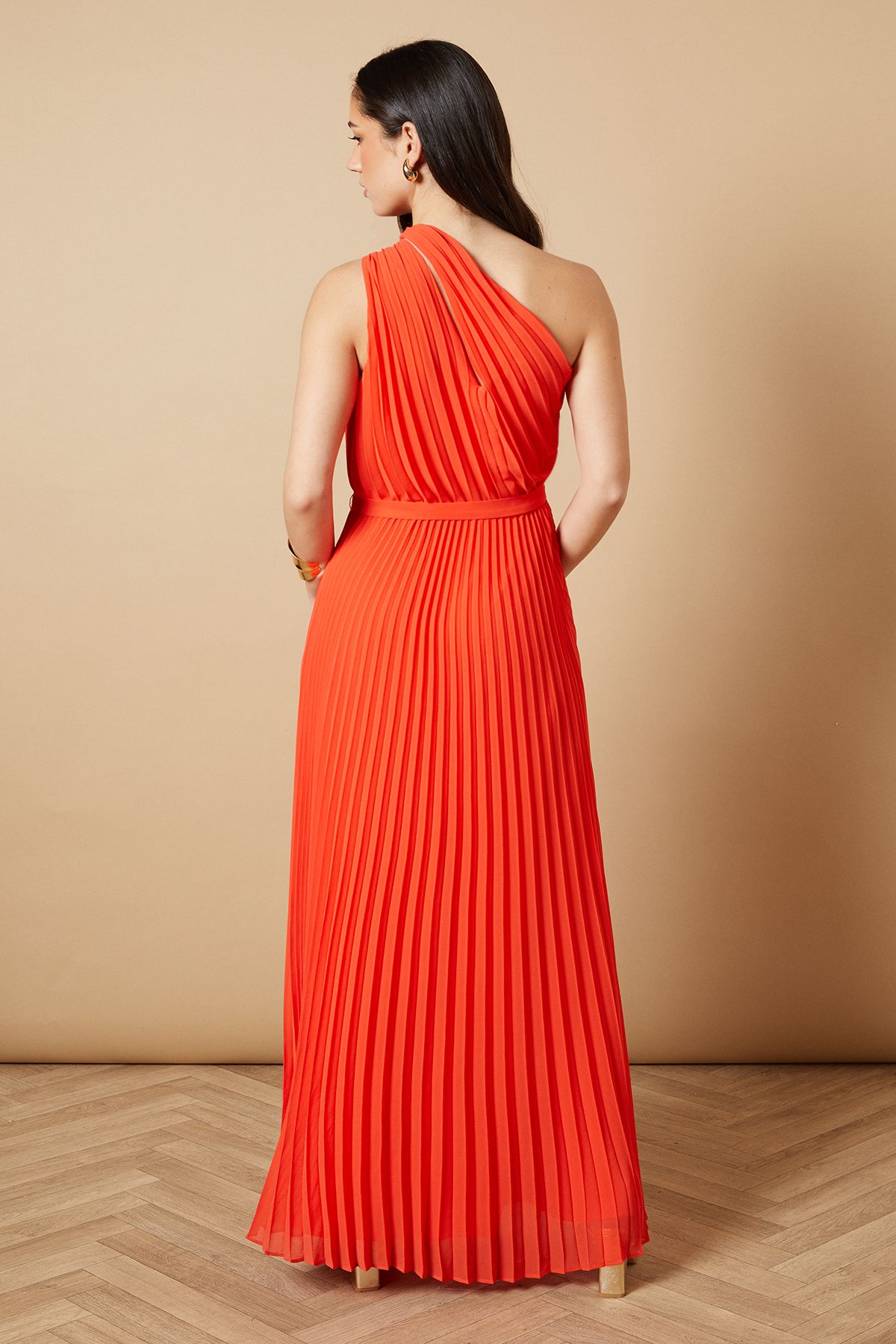 Oasis One Shoulder Pleated Tie Detail Midi Dress Burnt Orange image 3