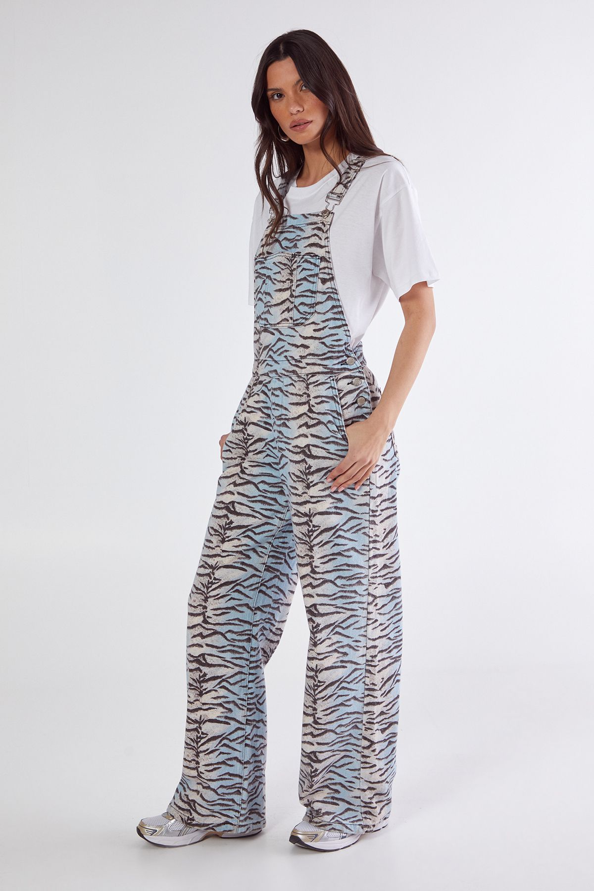NastyGal Denim Tiger Print Dungarees Multi