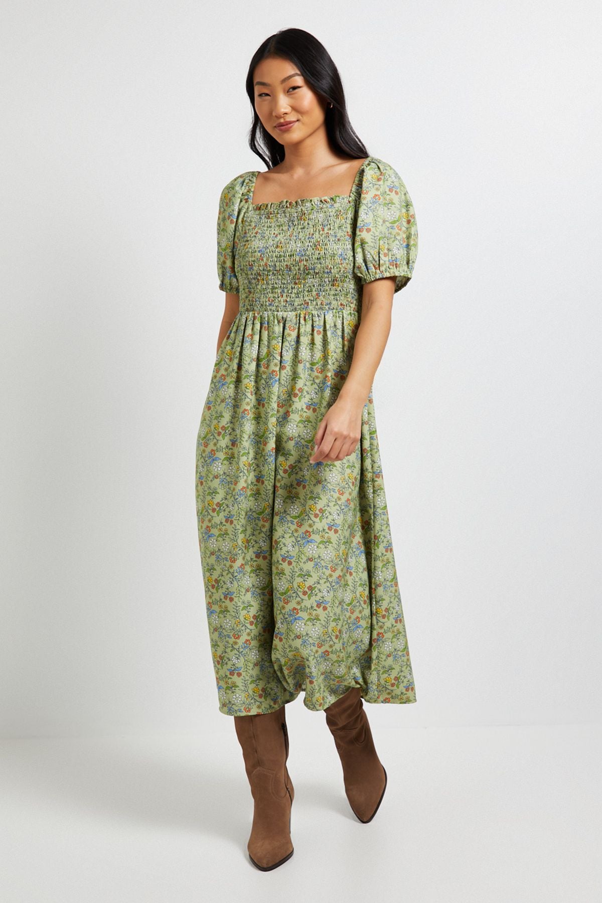 Dorothy Perkins Petite Green Ditsy Shirred Bodice Puff Sleeve Midi Dress Green