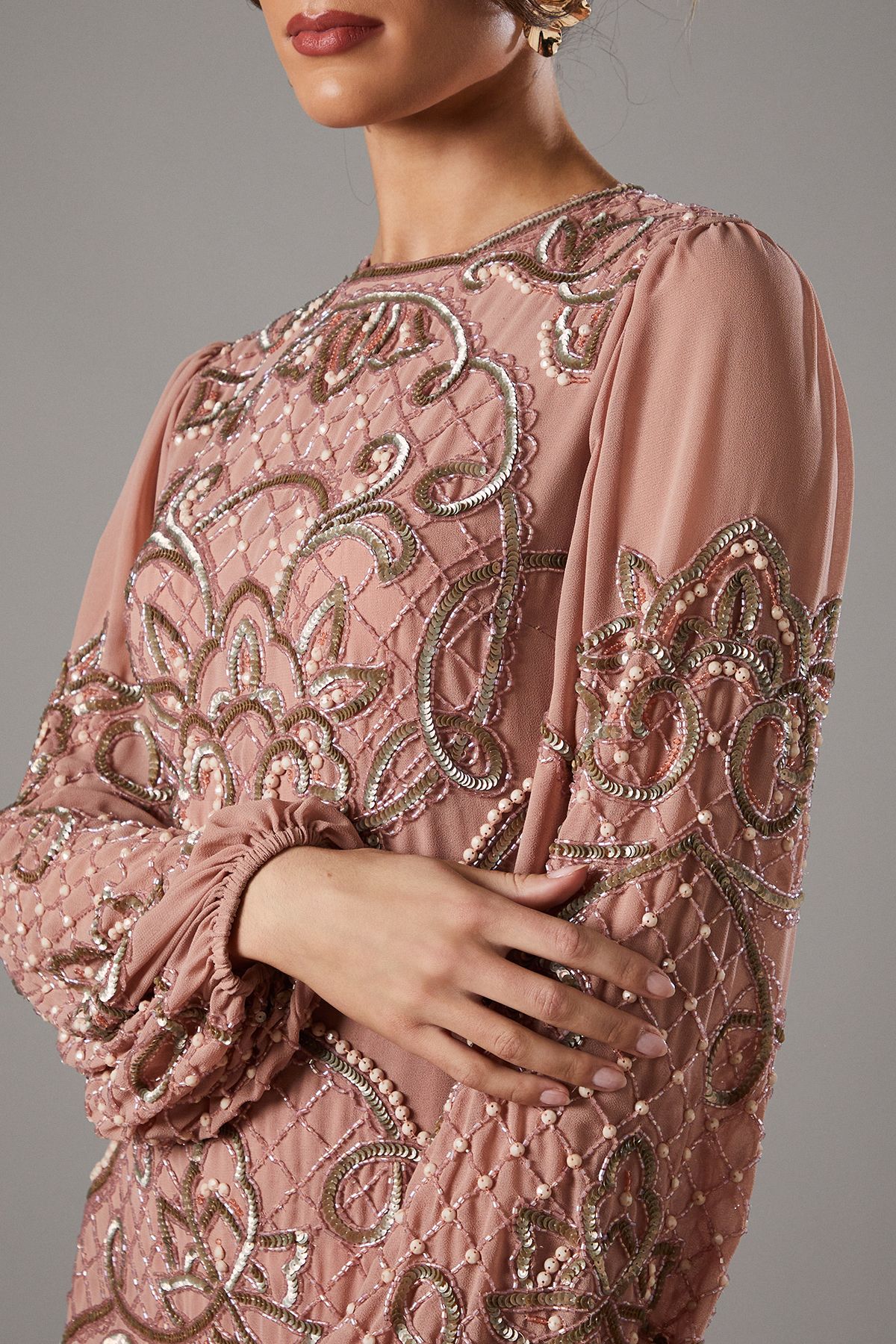 Coast Coast Muse Chiffon Embellished Mini Dress With Blouson Sleeves Nude image 3