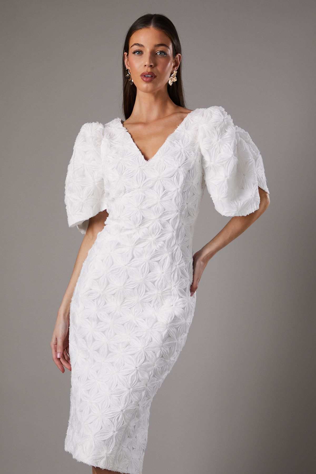 Coast Floral Pleated Sleeve Pencil Dress Ivory image 2