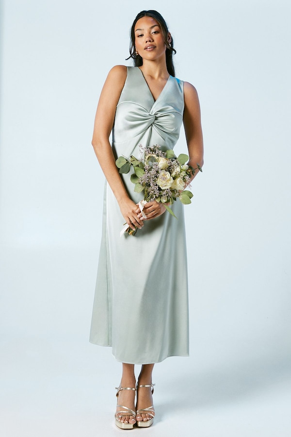 Oasis Twist V Neck Tie Back Satin Bridesmaid Midi Dress Sage