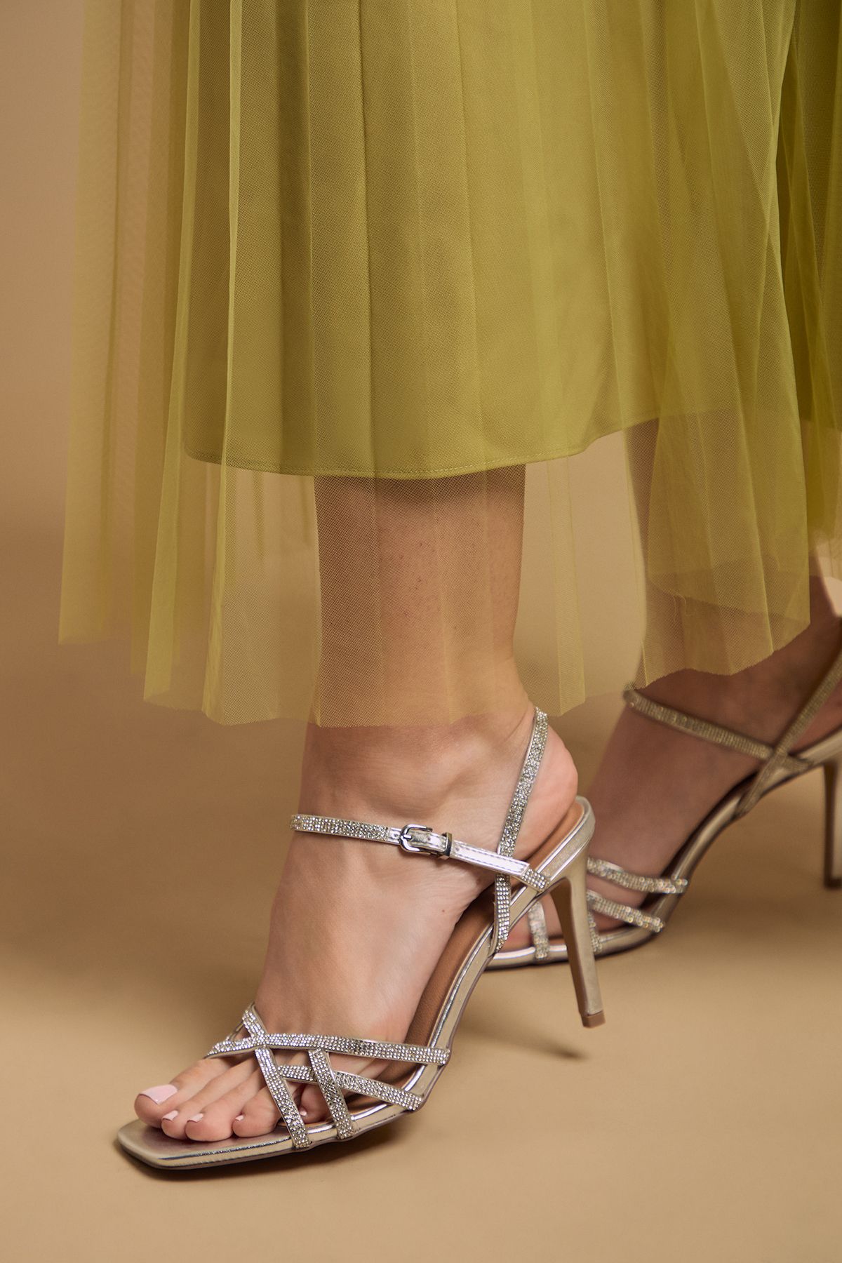 Oasis Sana Metallic Faux Leather Embellished Cage High Stiletto Heeled Sandals Silver image 4