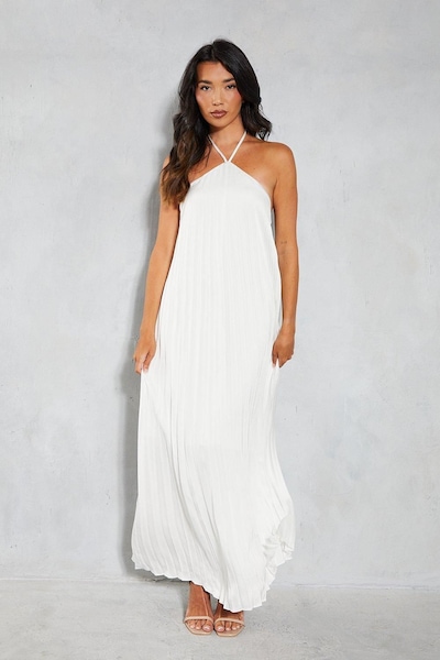 MissPap Satin Pleated Strappy Halterneck Low Back Maxi Dress Ivory