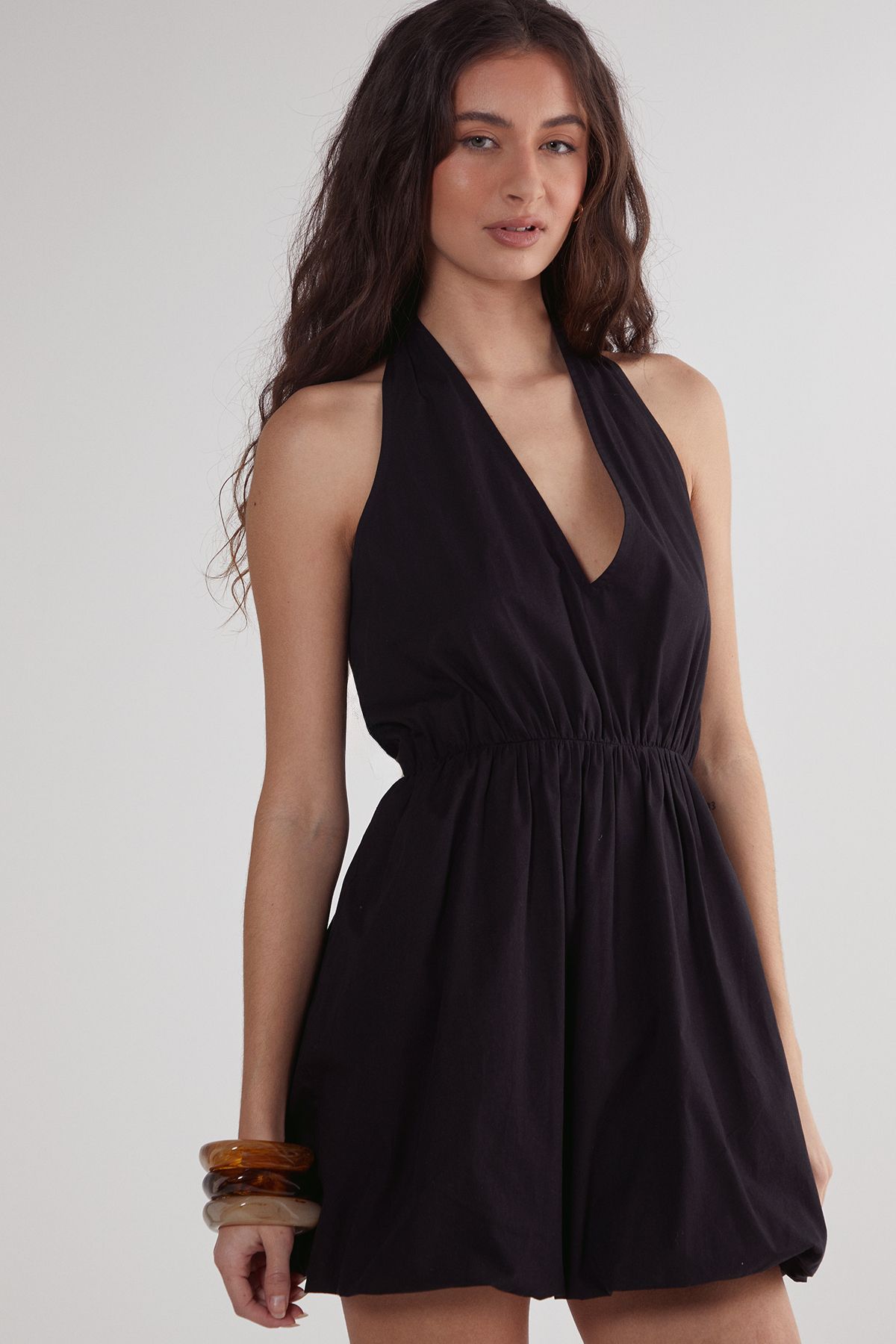 NastyGal Cotton Poplin Halter Neck Puffball Mini Dress Black image 4