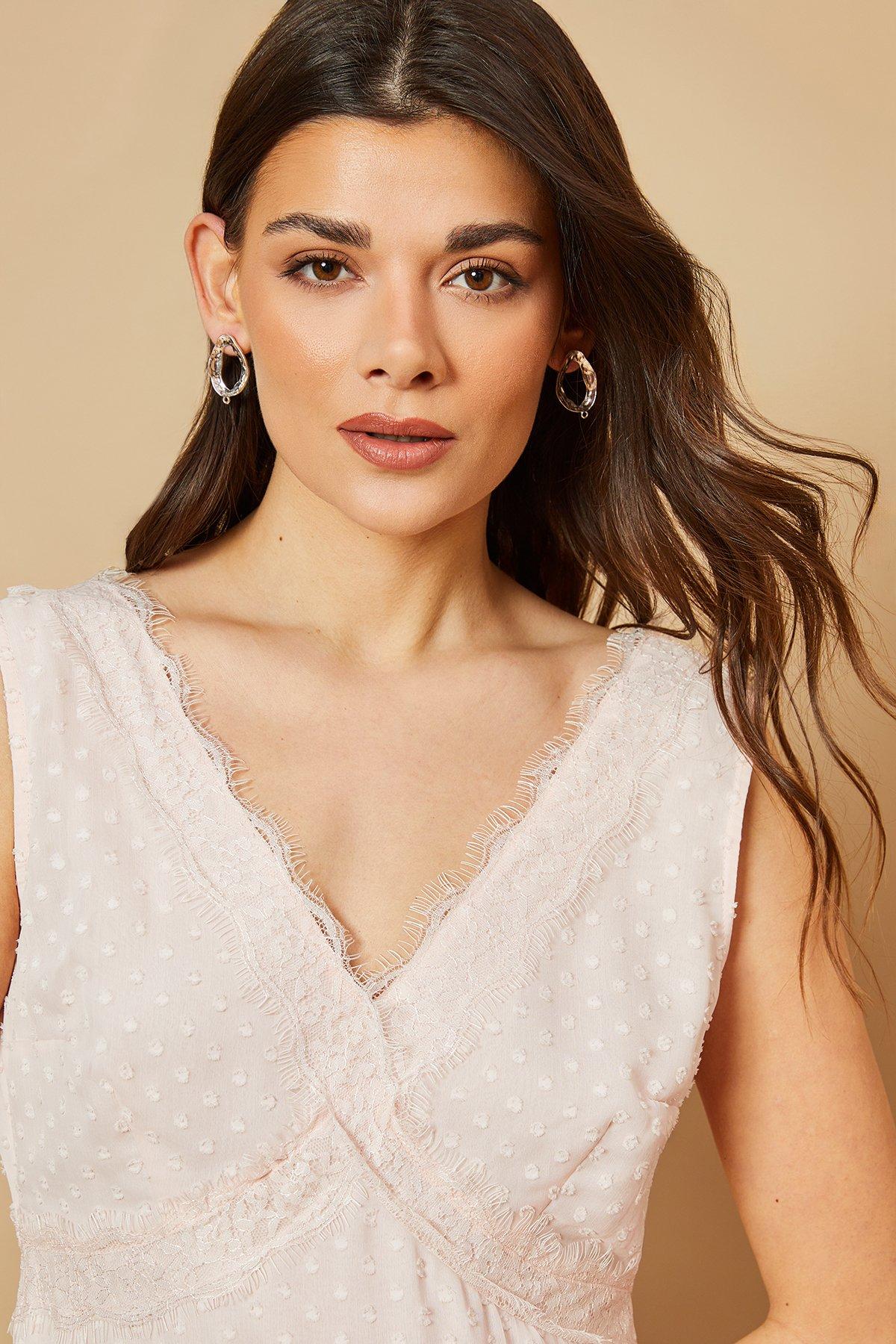 Oasis Dobby Chiffon Lace Insert Midi Dress Blush image 4