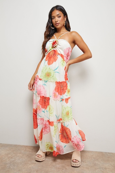 Oasis Petite Rosette Detail Halterneck Midi Dress Ivory