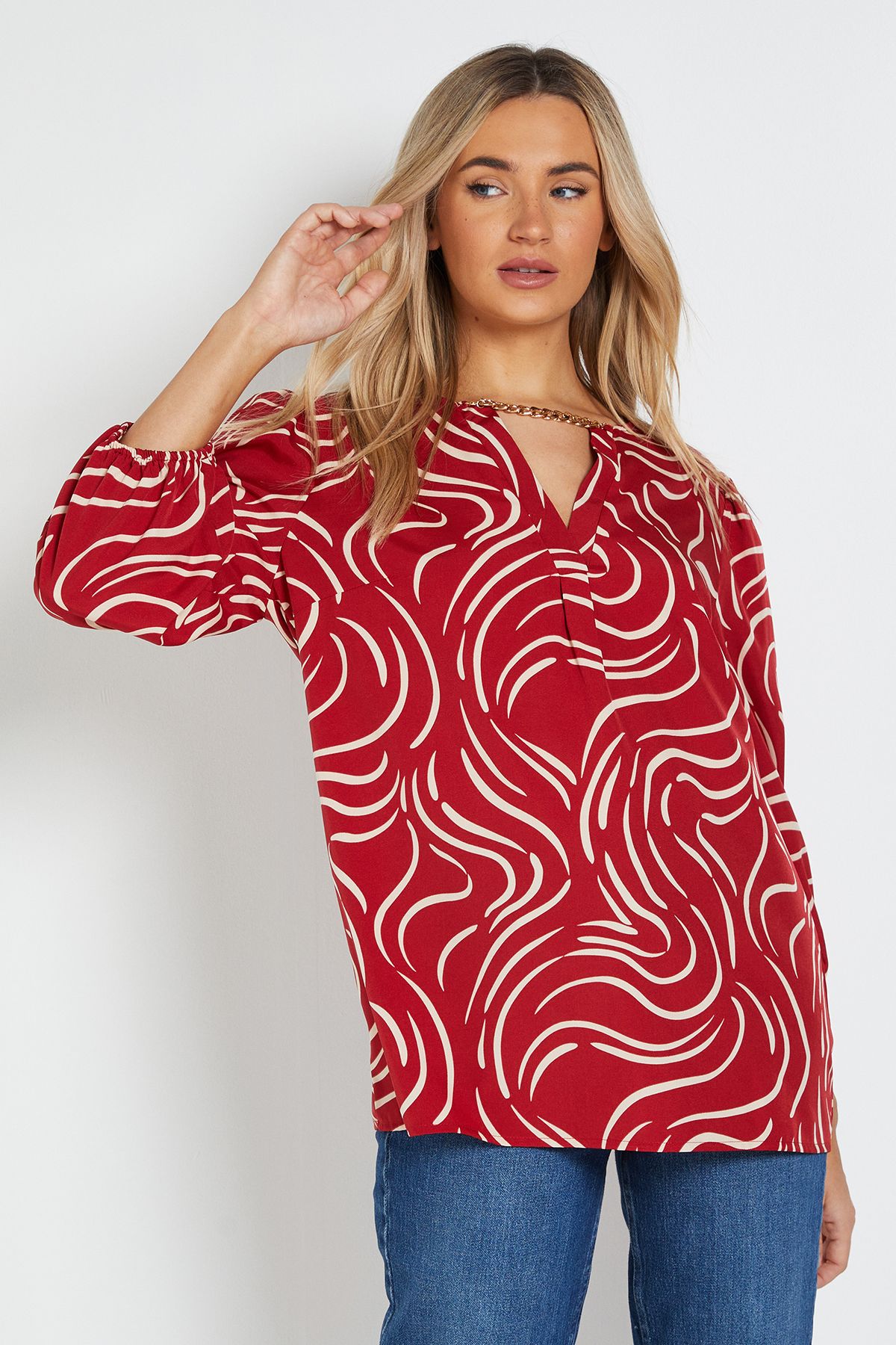 Dorothy Perkins Long Sleeve Swirl Chain Detail Blouse Red