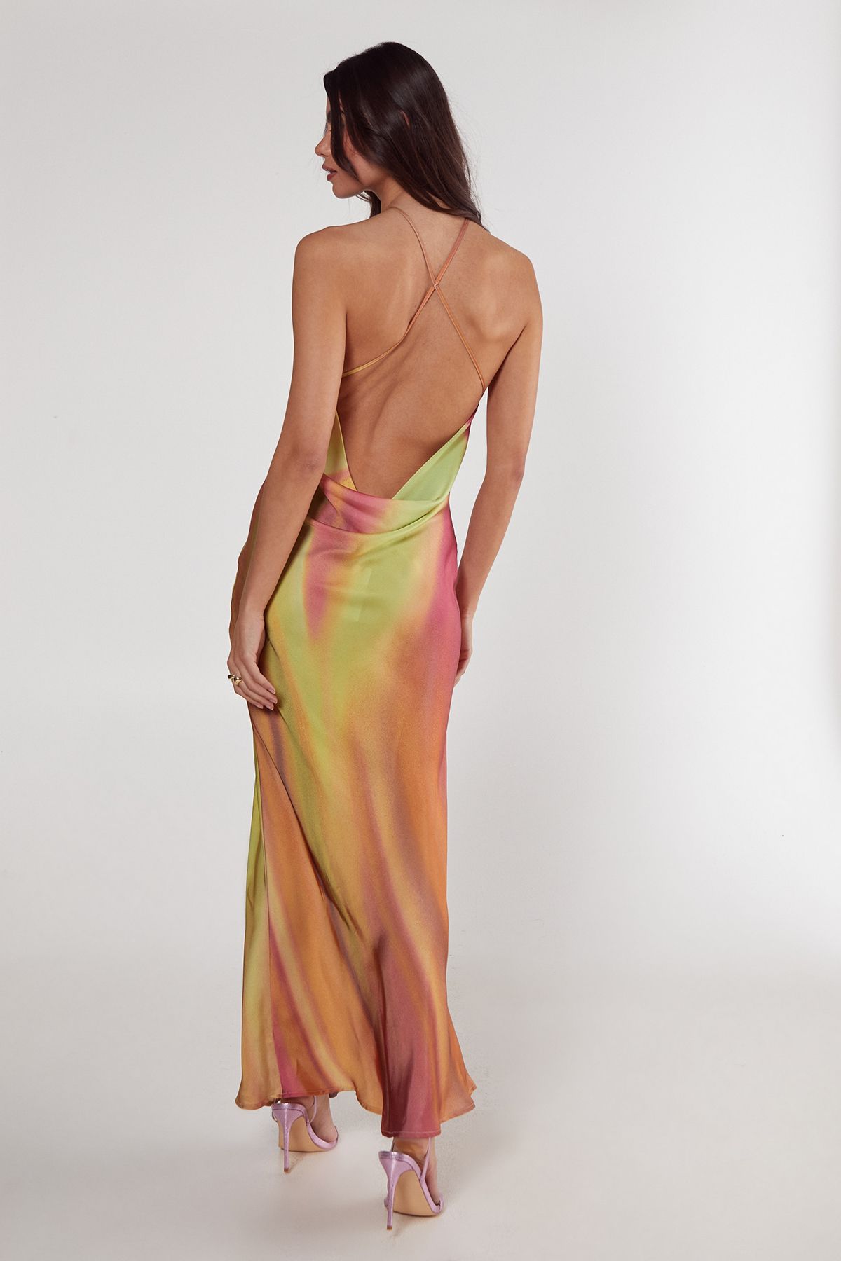 NastyGal Satin Floral Ombre Halter Neck Cowl Back Maxi Dress Lime image 4