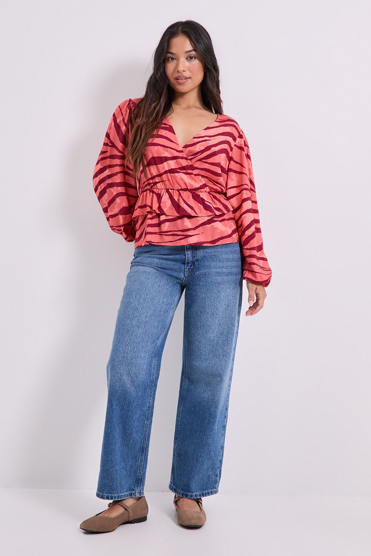 Dorothy Perkins Petite Wrap Front Frill Detail Printed Blouse Zebra image 2