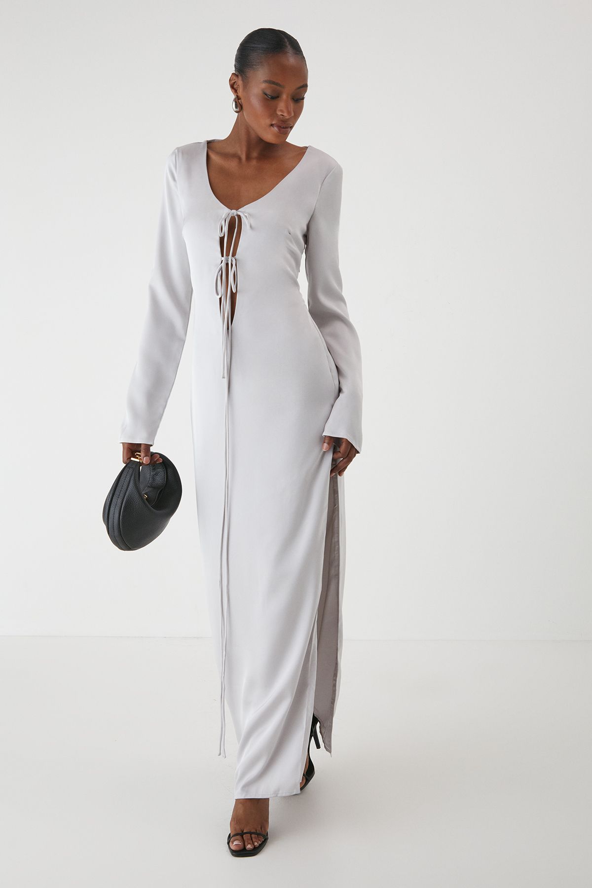 MissPap Premium Satin Tie Front Long Sleeve Maxi Dress Silver image 4