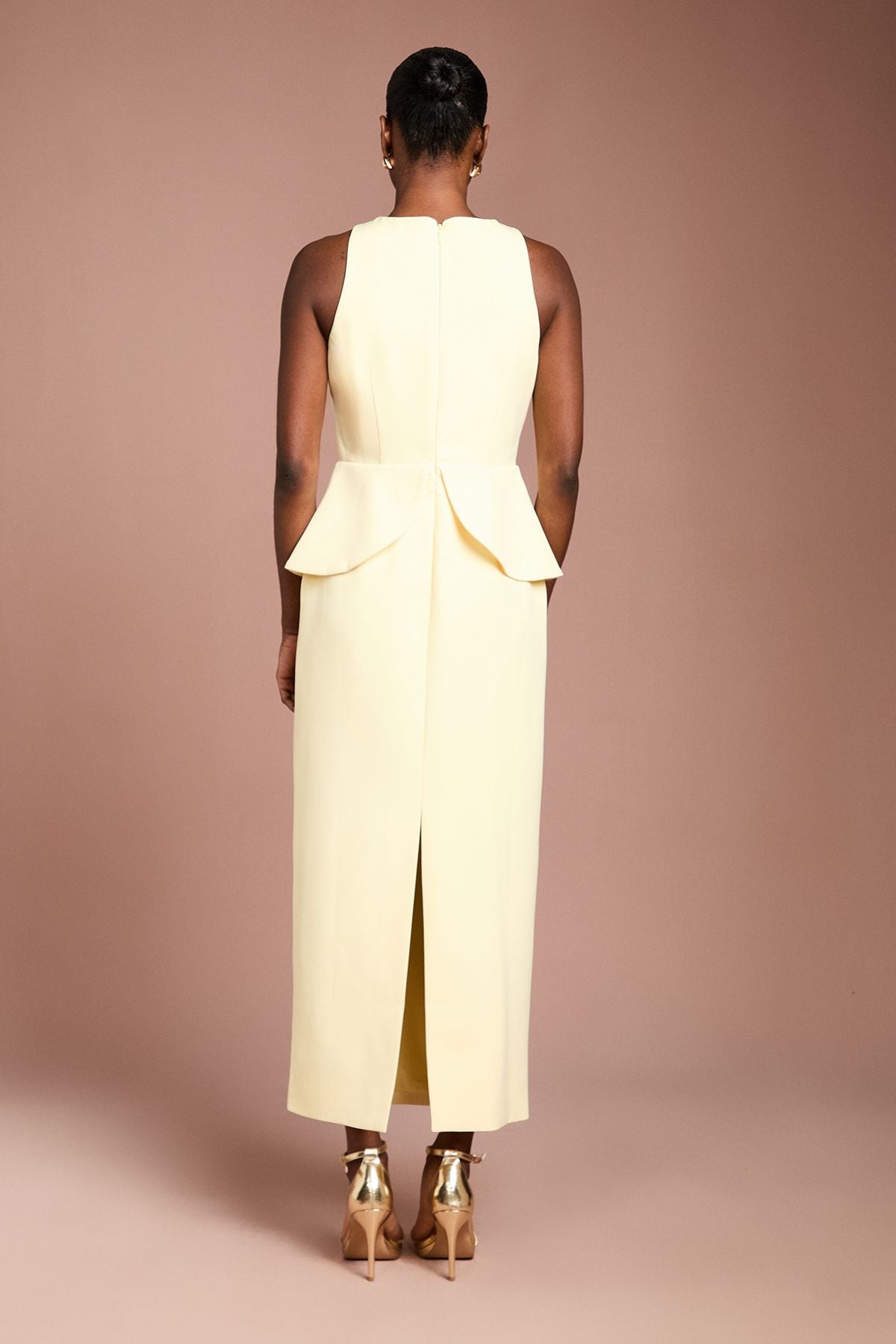 Coast Lisa Tan Crepe Rosette Detail Peplum Pencil Dress Lemon image 3