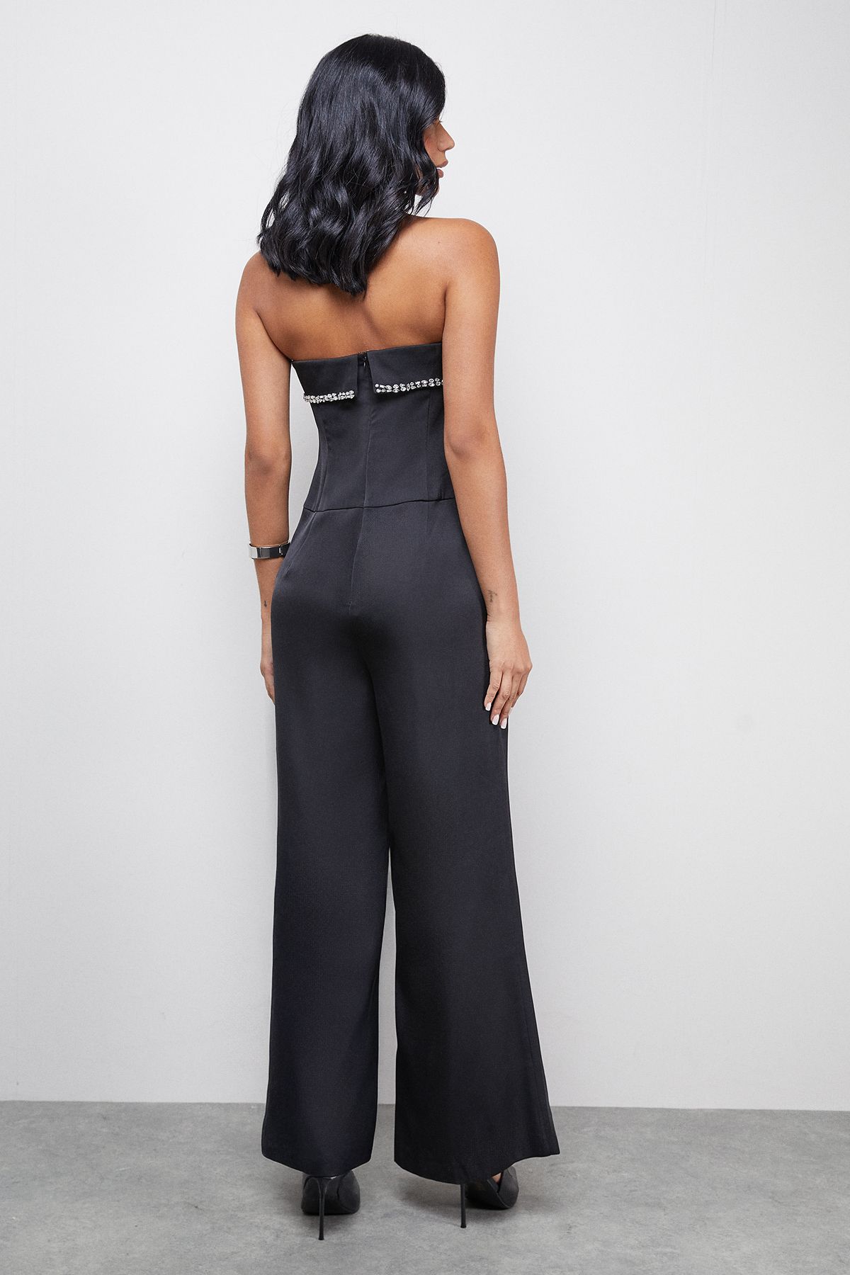 Warehouse Gem Embellished Satin Bandeau Jumpsuit Black image 3