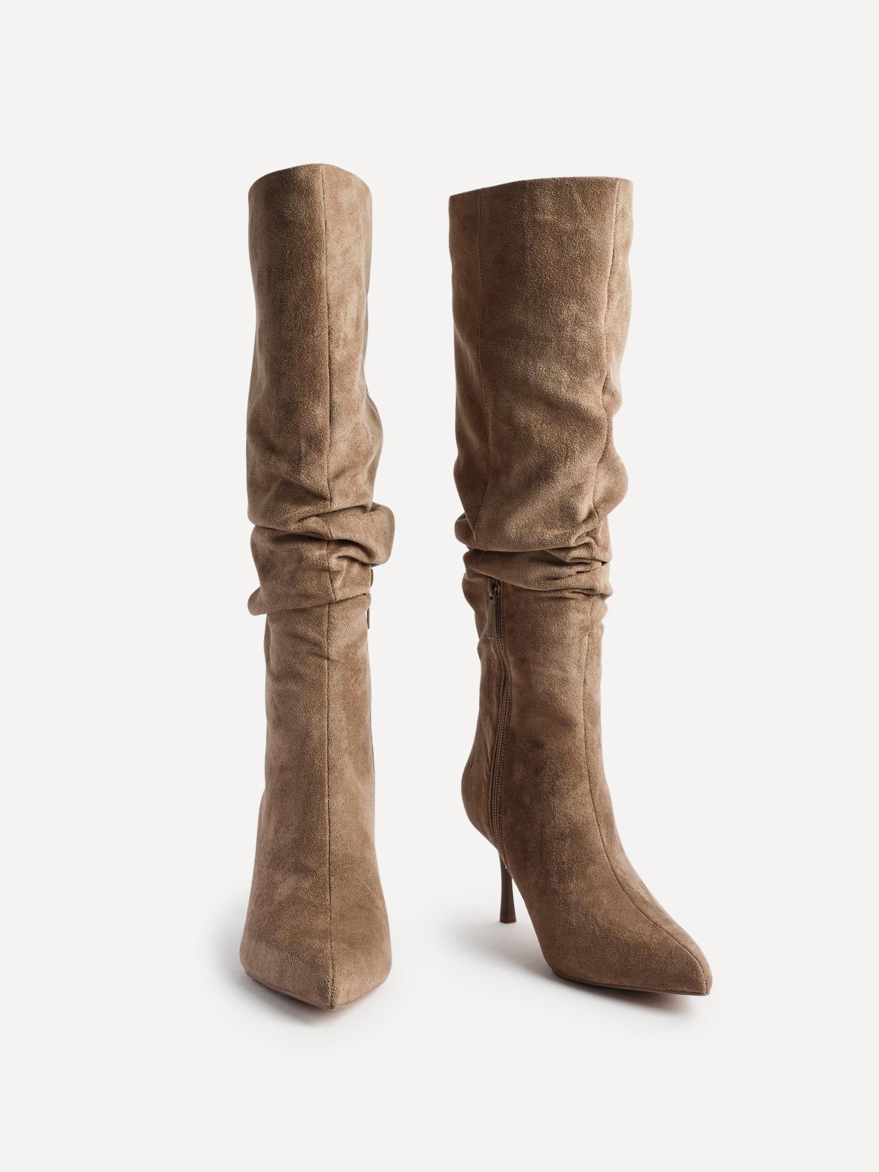 Linzi Rosenna Beige Suede Ruched High Leg Heeled Boot image 3