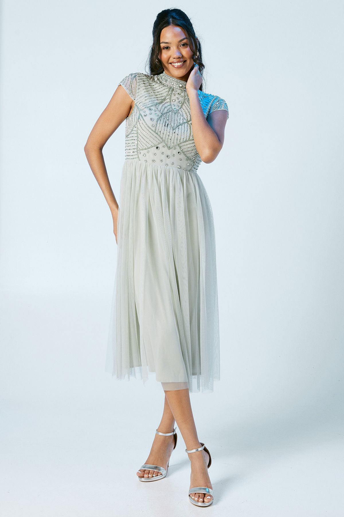 Coast Linear Encrusted Beaded Cap Sleeve Bridesmaid Midi Dress Sage image 1