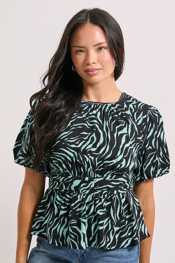 Dorothy Perkins Green Zebra Print Contrast Binding Peplum Top Green