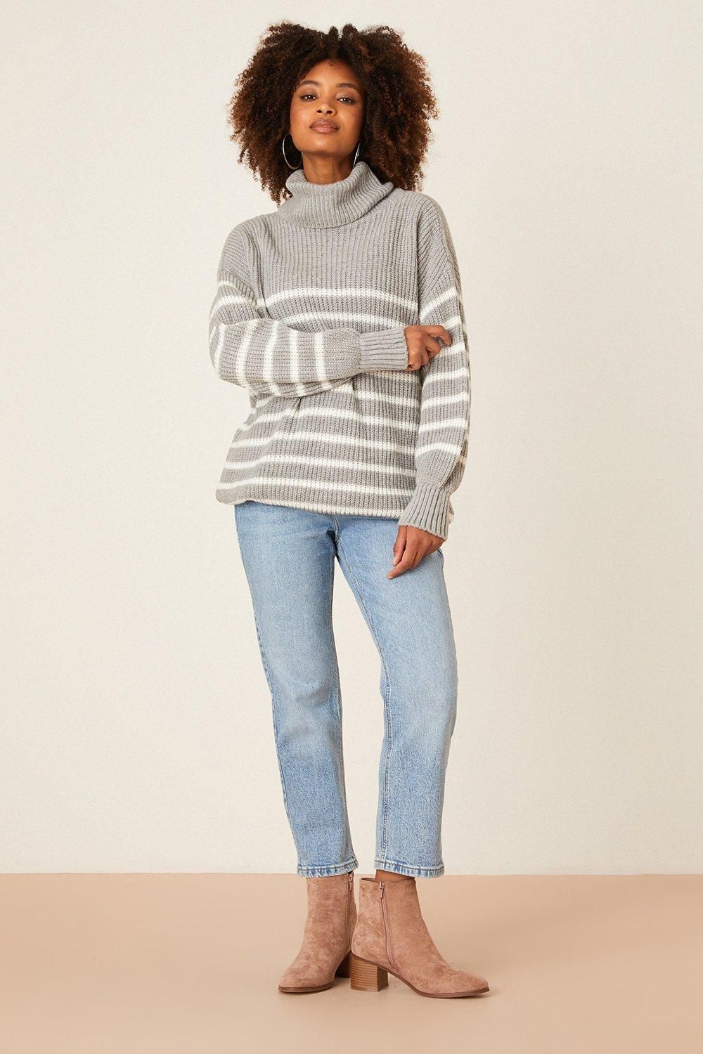 Dorothy Perkins Striped Roll Neck Jumper Grey image 1