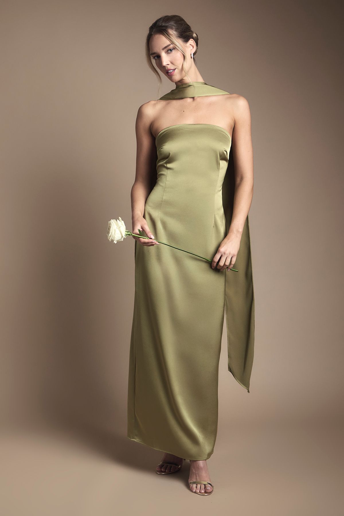 Oasis Oasis By Coast Bandeau Satin Bridesmaid Maxi Dress With Scarf Olive image 1