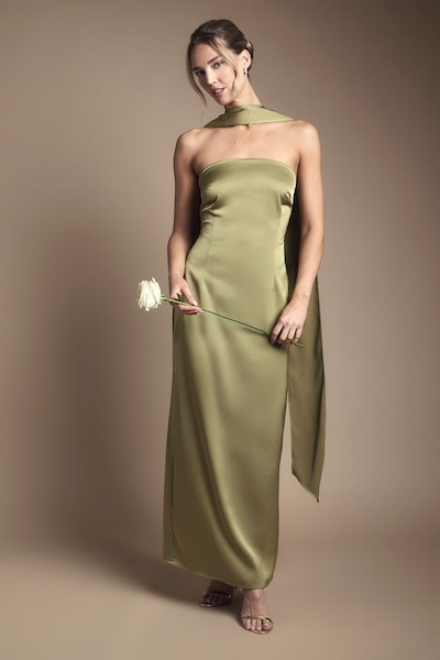 Oasis Oasis By Coast Bandeau Satin Bridesmaid Maxi Dress With Scarf Olive