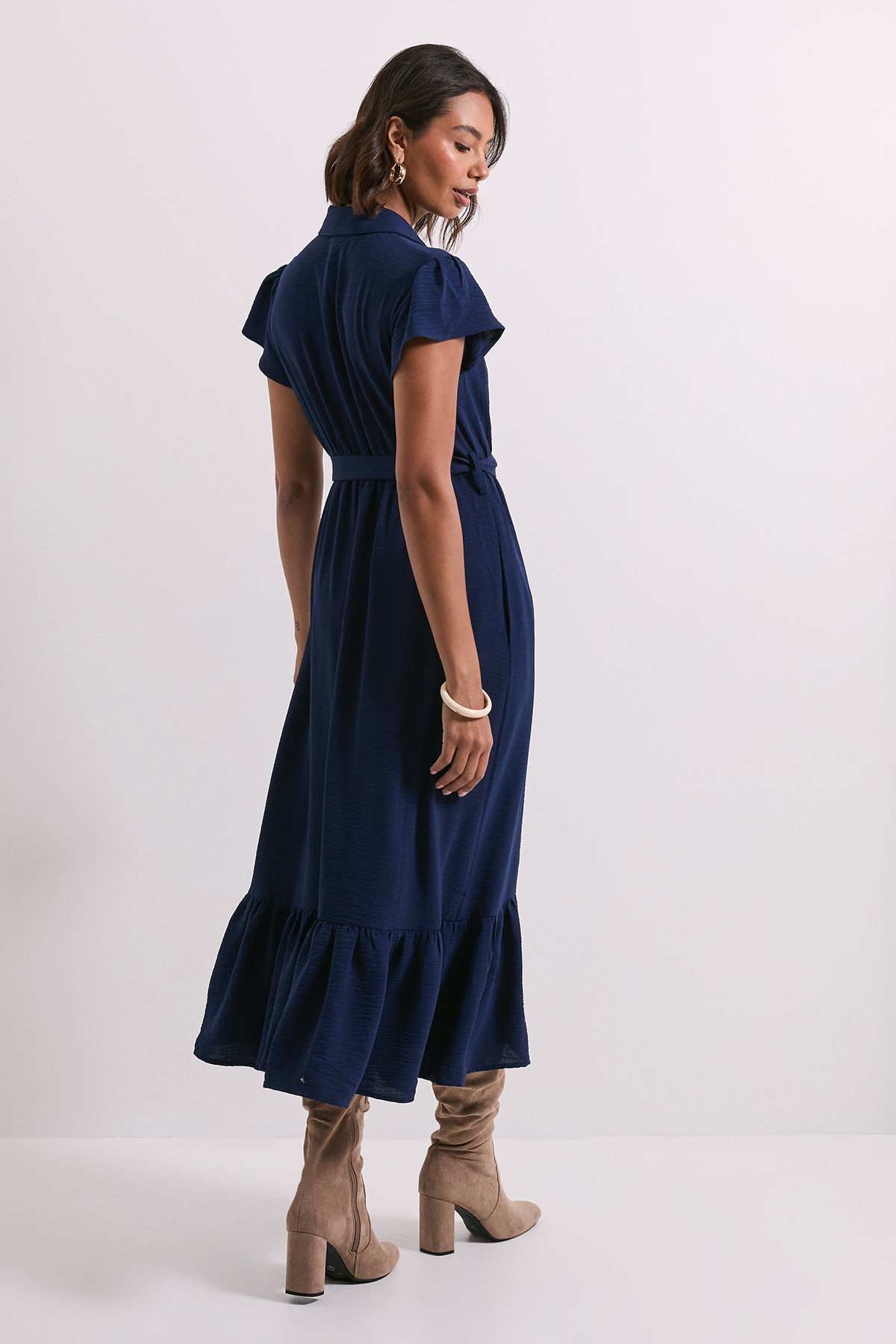 Dorothy Perkins Frill Sleeve Belted Midi Shirt Dress Navy image 3